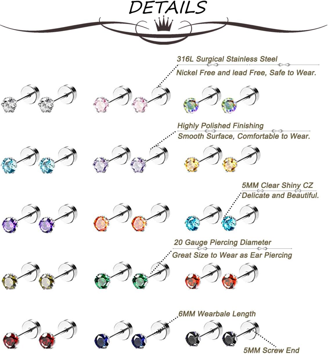 15 Pairs 20G 316L Stainless Steel CZ Stud Earrings for Women Men Cartilage Screwback Earring Set 2-6mm - Image 5