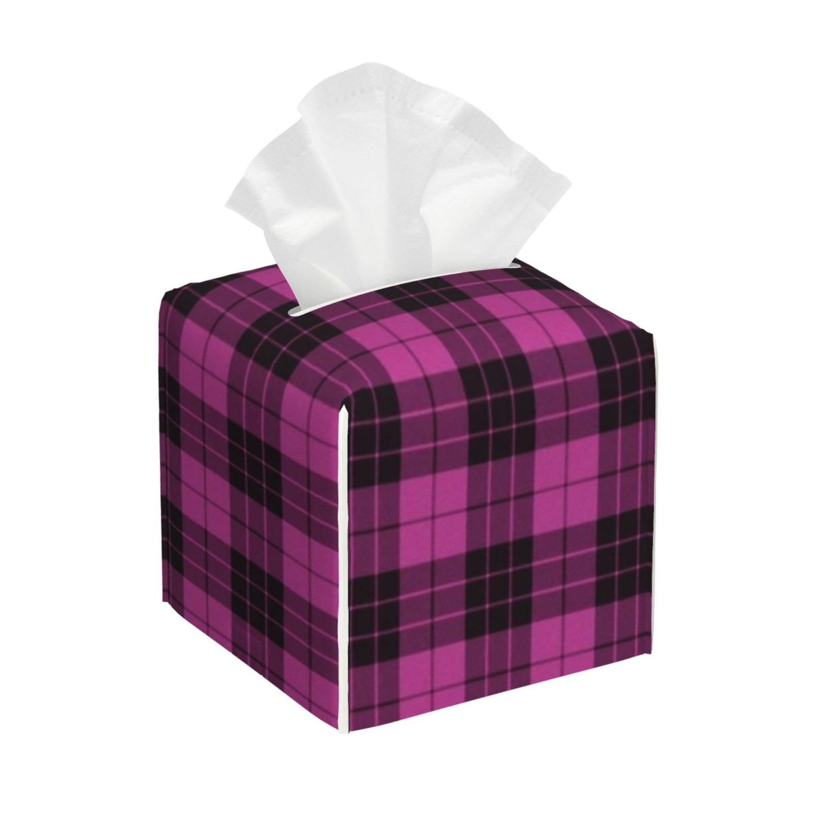 Hot Pink Tartan Check Plaid Tissue Box Cover 5" Square Leather Tissue Holder Facial Tissue Case for Tabletop Bedroom Bathroom Desk Decor