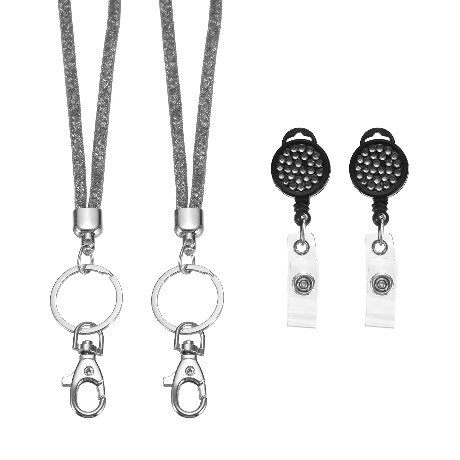 PATIKIL Rhinestones Lanyard for Women, 2 Pcs Sparkly Neck Lanyard Bling Keychain ID Holder with Retractable Badge Reel and Keyring for ID Card, Work Name Card, Gray