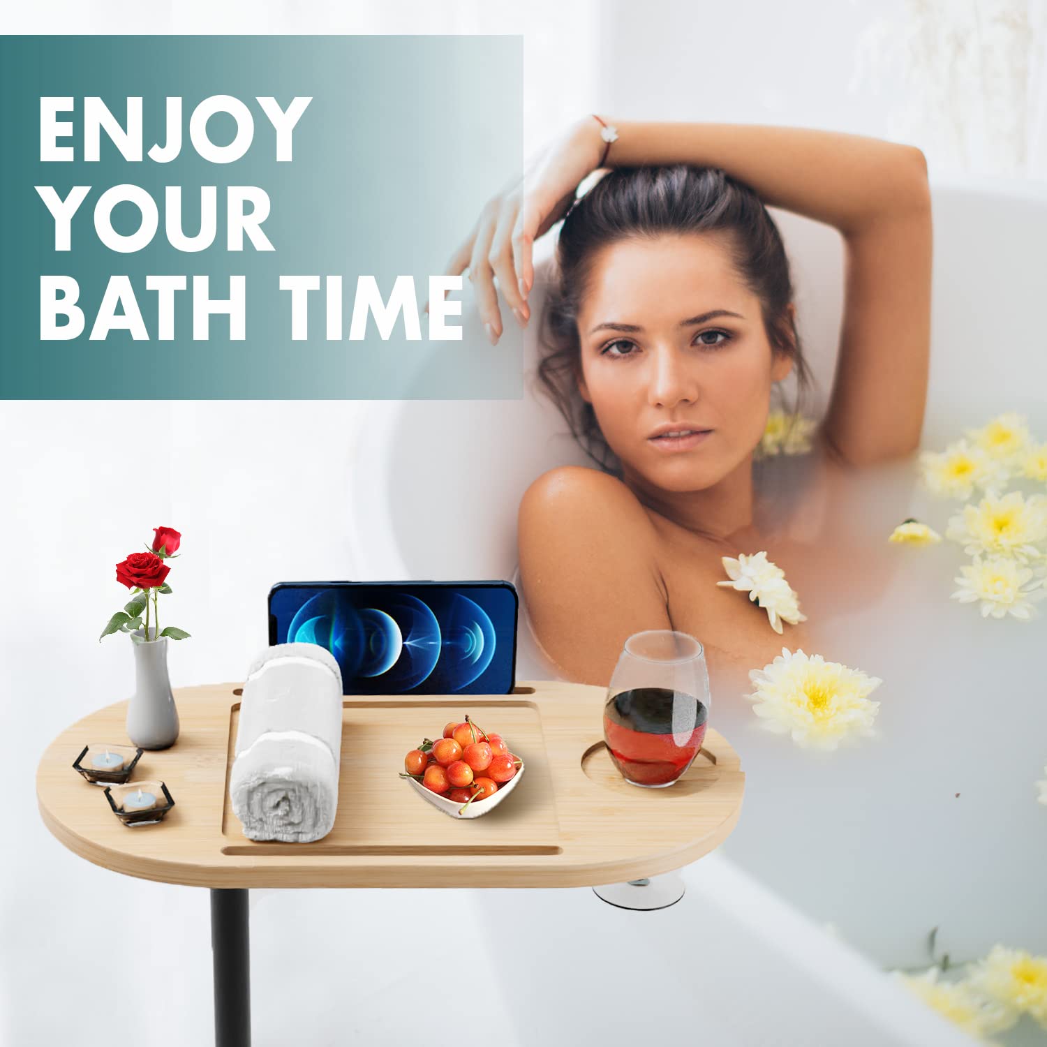 Tavolino in bambù per vasca da bagno con base robusta e staffa in metallo spesso, altezza regolabile, accessorio perfetto per vasca da bagno, scrivania da letto, tavolino da divano, regalo per donne e