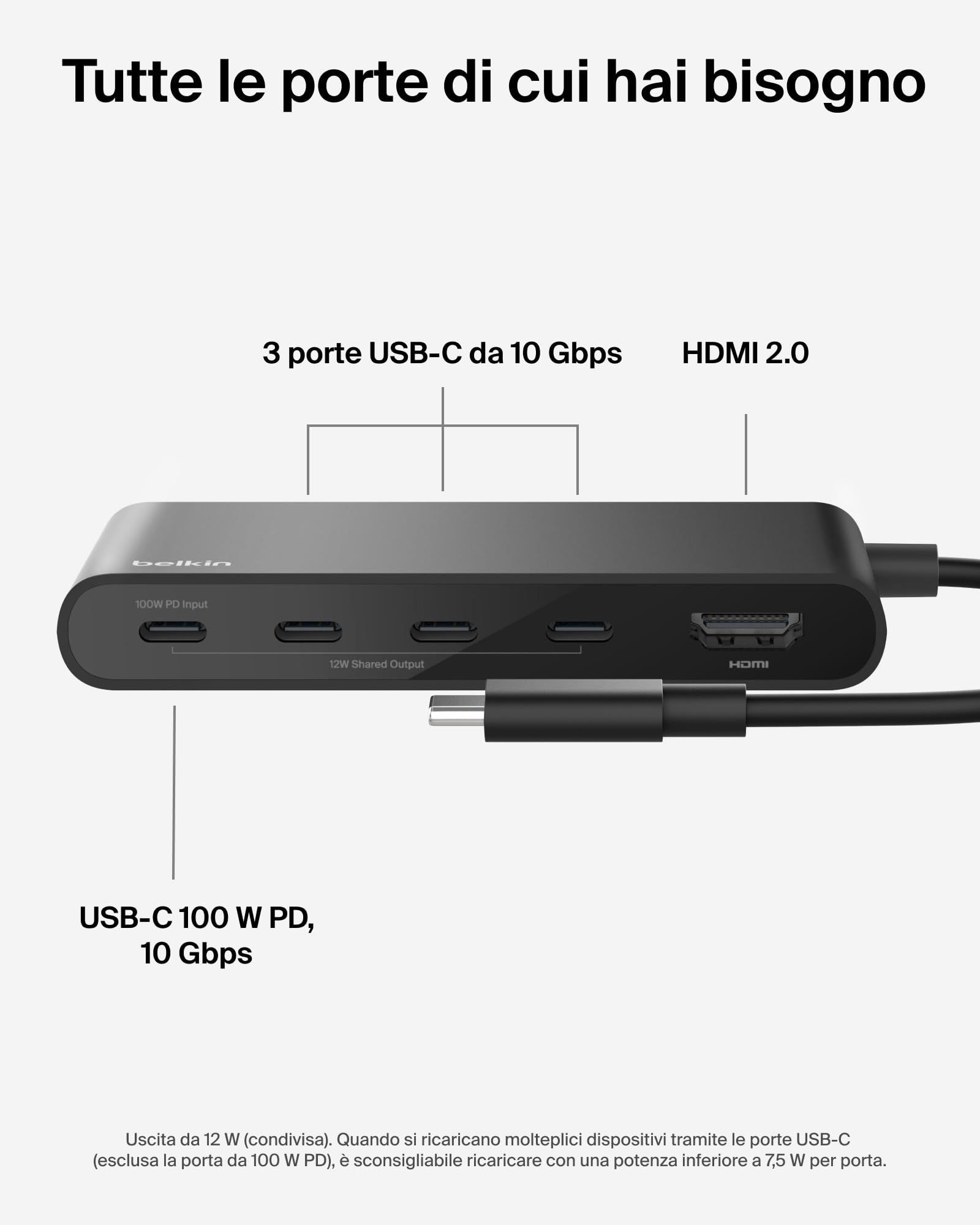 Belkin Hub USB C, Hub a 5 Porte con HDMI 4K 60Hz, Power Delivery 100W, Trasferimenti Dati Rapidi 10Gbps, Docking Station USB-C, Sdoppiatore Usb, Compatibile con MacBook, iPad Pro, Chromebook e Altri