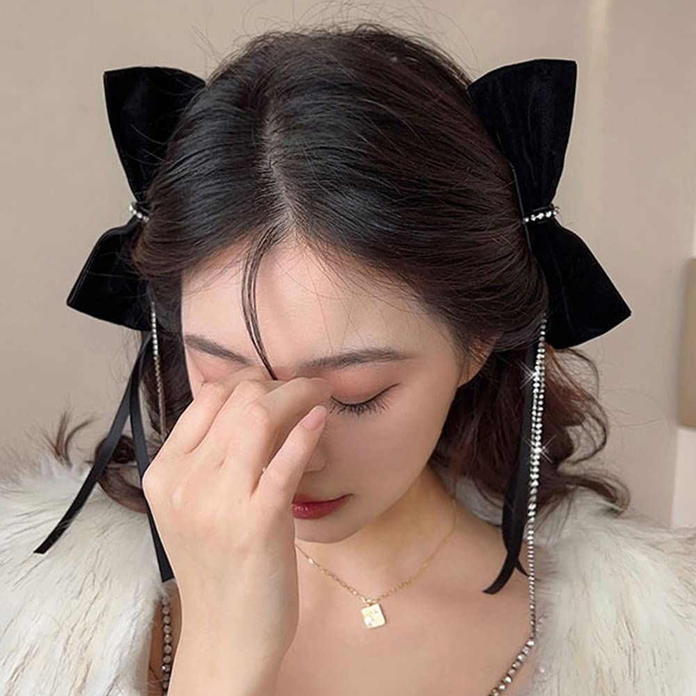 Wiwpar 2PCS Black Velvet Hair Bow Side Clips for Women Long Rhinestone Ribbon Tassel Hair Barrettes Clip Non-Slip Bowknot Hairpin Clips Cute Hair Accessories for Girls Christmas Halloween