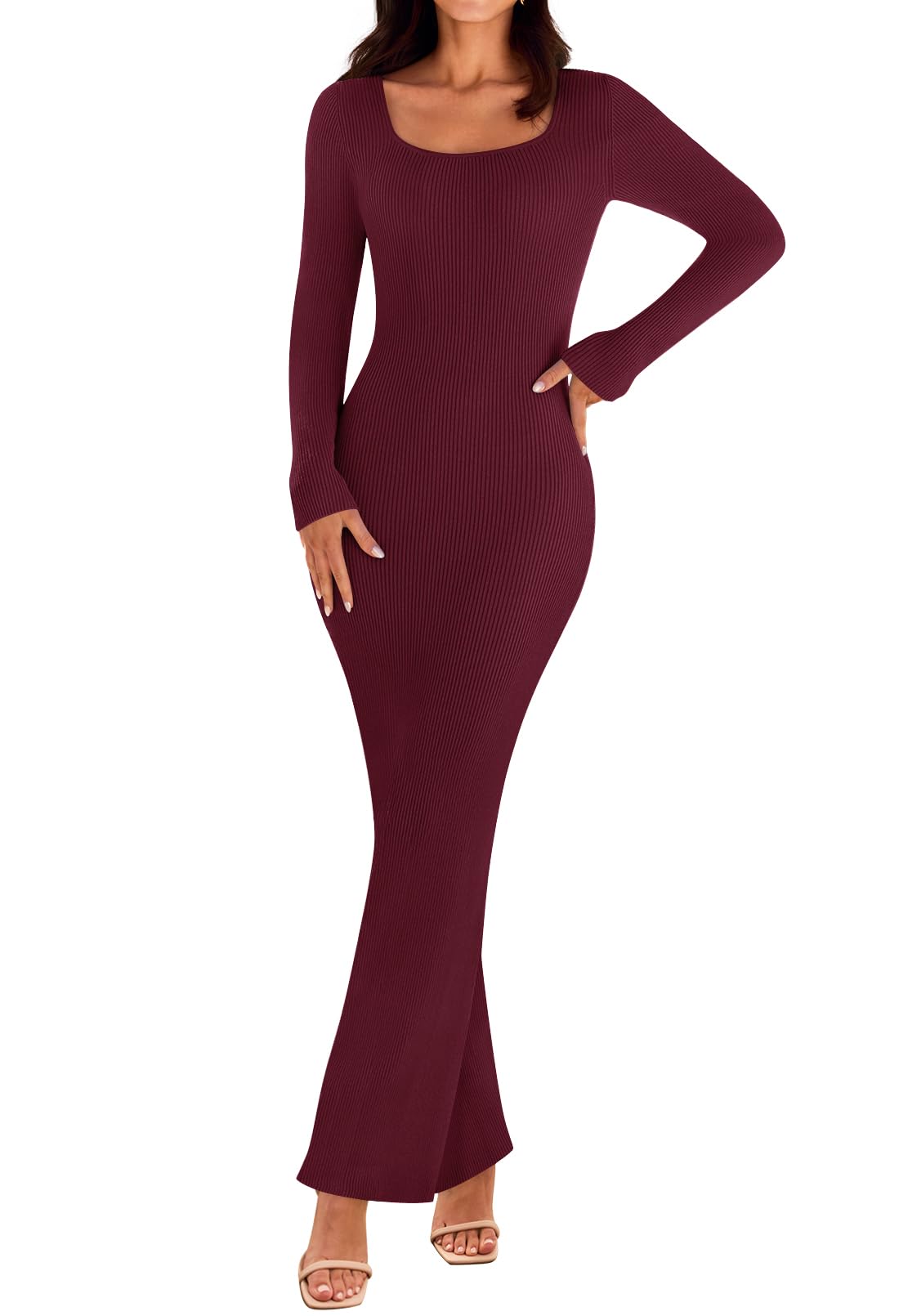 MEROKEETY Womens 2025 Fall Long Sleeve Bodycon Sweater Dress Square Neck Ribbed Knit Party Maxi Dresses