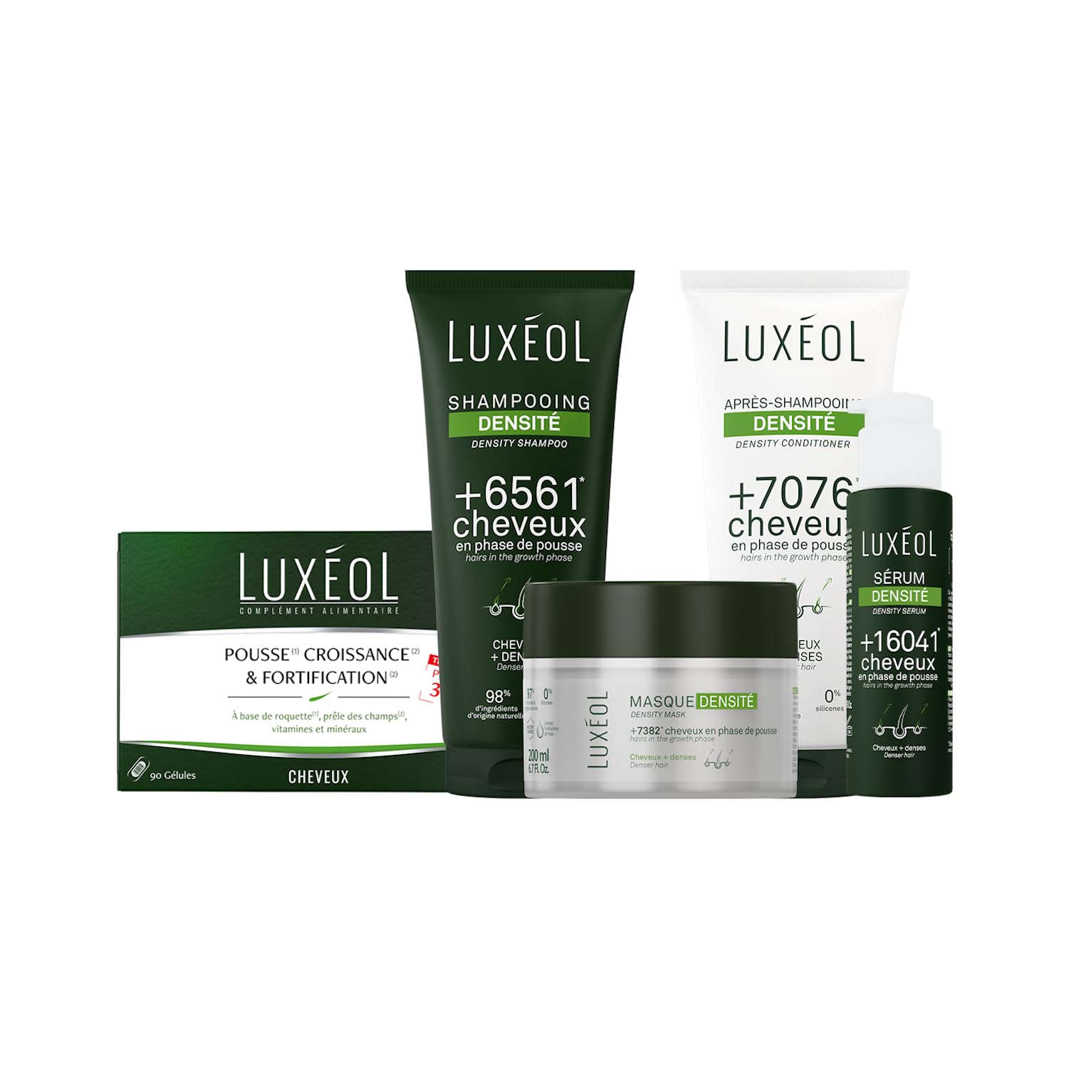 LUXEOL - Routine Densité In & Out - Complément Alimentaire + Shampooing, Après-Shampooing & Sérum Densité - Cheveux Plus Épais et Volumineux - Fabriqué en France