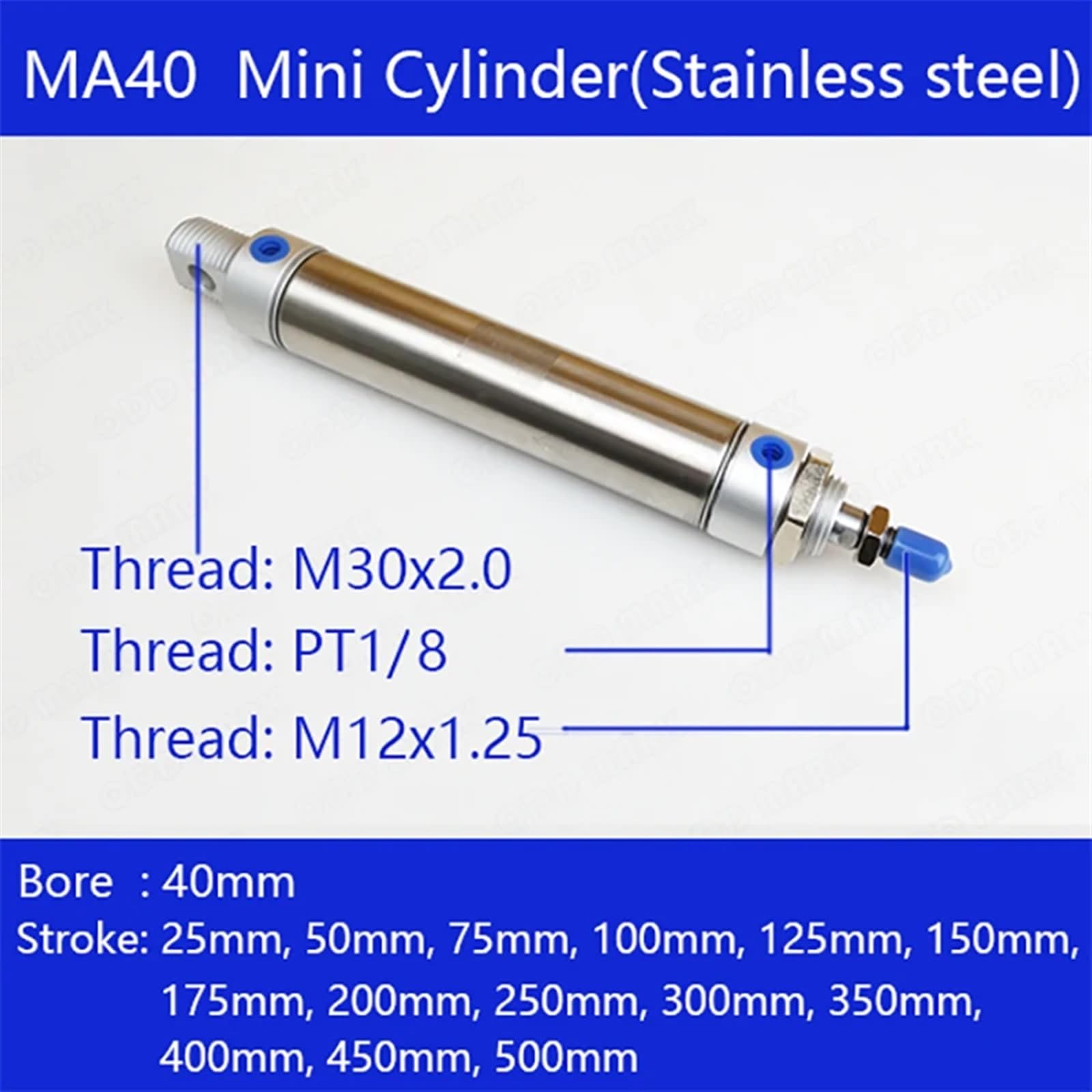 Pneumatischer Luftzylinder, 40 mm Bohrung, Edelstahl, doppeltwirkend, Mini-Rundzylinder MA40x25-CA-S, MA40x50-CA-S, MA40x500-CA-S, Zylinder und Y, 1 Stück(MA40x25-CA-S)