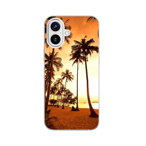 Blingy's for iPhone 16 Case, Tropical Palm Tree Pattern Sunset Beach Style Nature Landscape Scenic Ocean Design Soft TPU Protective Case (6.1 inch) (Palm Tree Beach)