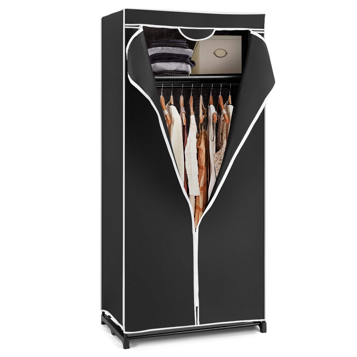 GOPLUS Kleiderschrank Stoff, Stoffschrank mit Reißverschluss & Kleiderstange, Stoffschrank Stoffkleiderschrank klappbar für Schlafzimmer, 74 x 50 x 172cm (Schwarz)