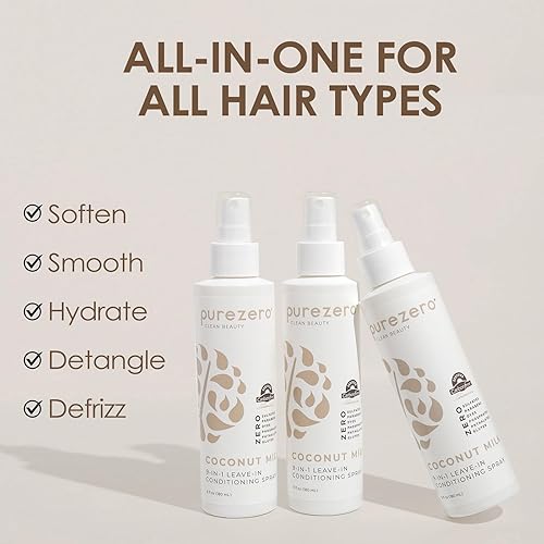Miniatura 2 de Purezero Spray acondicionador sin enjuague 9 en 1, leche de coco, hidratación intensa y aumenta el brillo, combate la caspa y el encrespamiento,