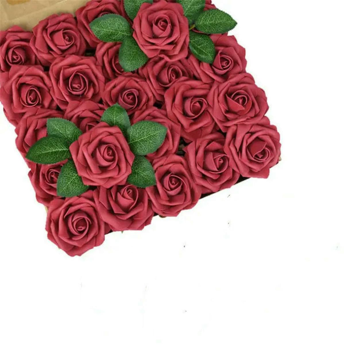 AYHTUD 10~100pcs Rose Artificial Flowers Foam Fake Roses Wedding Bouquets Centerpieces Mothers Day Valentines Party Decoration-Claret-25pcs no box leaves