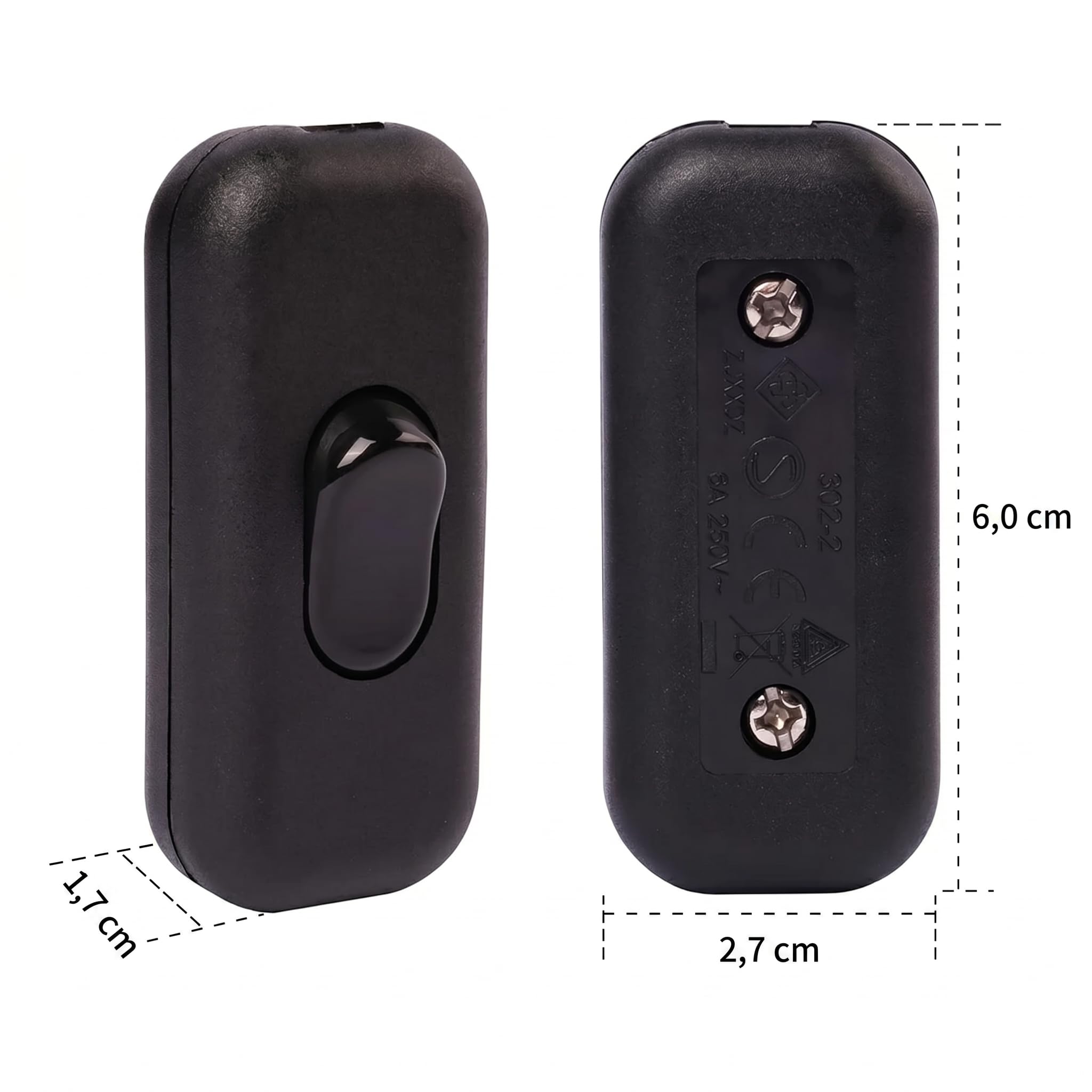 2 sztuki przełączników sznurkowych 2-biegunowych, przełącznik 230 V, 6 A, przełącznik dźwigniowy, przełącznik pośredni do lamp, przełącznik kołyskowy do 2- i 3-żyłowych przewodów zasilających