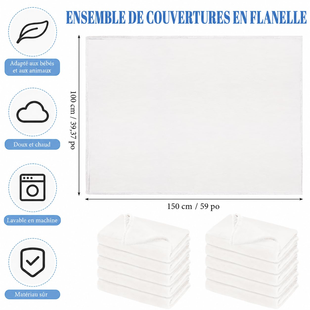 Lot de 10 Couvertures de Sieste pour Crèche, 150x100 cm Plaids en Flanelle | Couvertures Blanches Légères et Respirantes pour Garderie, Maternelle, Lit Enfant et Usage en Collectivité