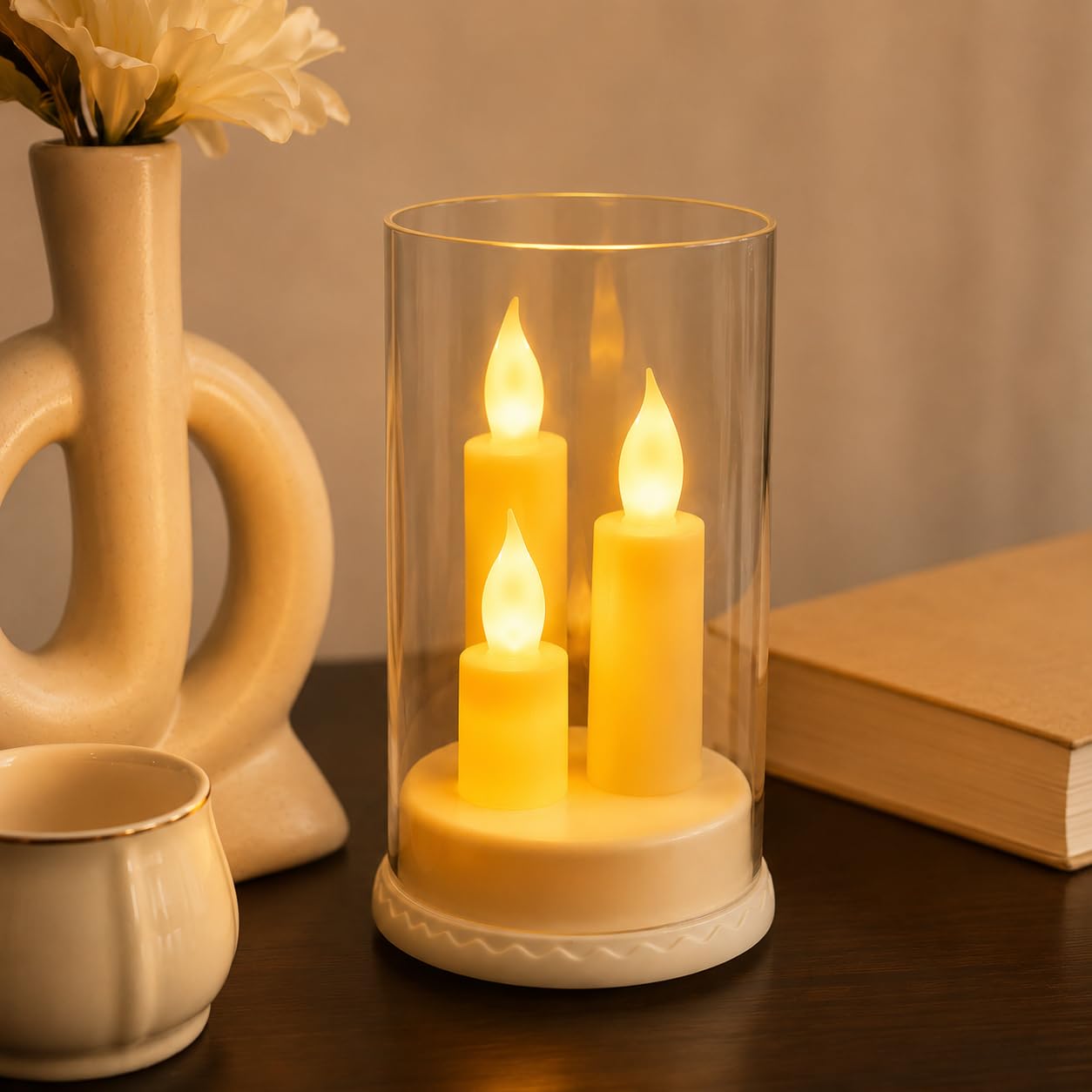 LED Flameless Candle Lamp with Glass Cover | 3 Flickering Warm White LED Candles | Battery Operated 2 AA Batteries Required | Decorative Table Lamp for Home, Bedroom-image-11