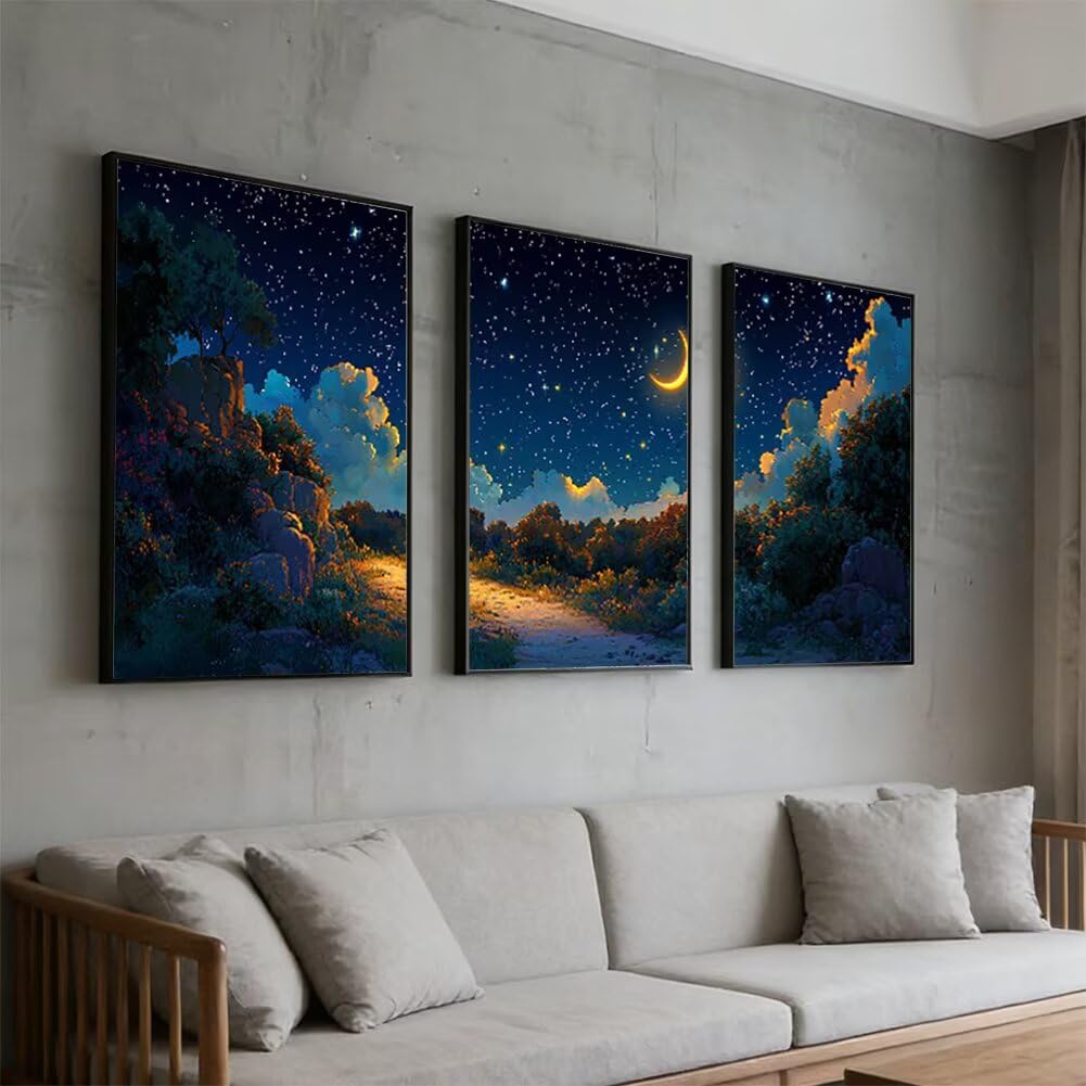 Wandbilder Landschaft 60x80cm, 3Pcs Leinwand Bilder Groß Wanddeko Wohnzimmer, Mond Leinwand Bilder mit Rahmen, Moderne Wandbilder Wohnzimmer Poster Set mit Haken, Wand Deko Schlafzimmer Poster, -2070