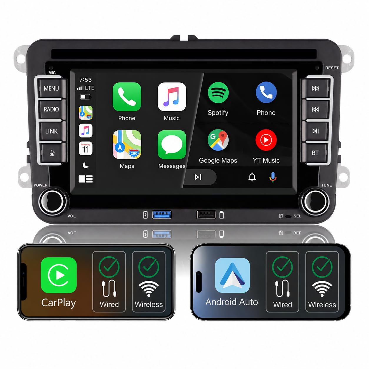 Autoradio con CarPlay wireless compatibile con VW Polo,Golf 5,Golf 6,Passat,Tiguan, Touran,T5,Schermo IPS,Stereo VW Supporta Android auto e SWC originale,Bluetooth,AM FM RDS,USB,EQ/DSP,Navigatore