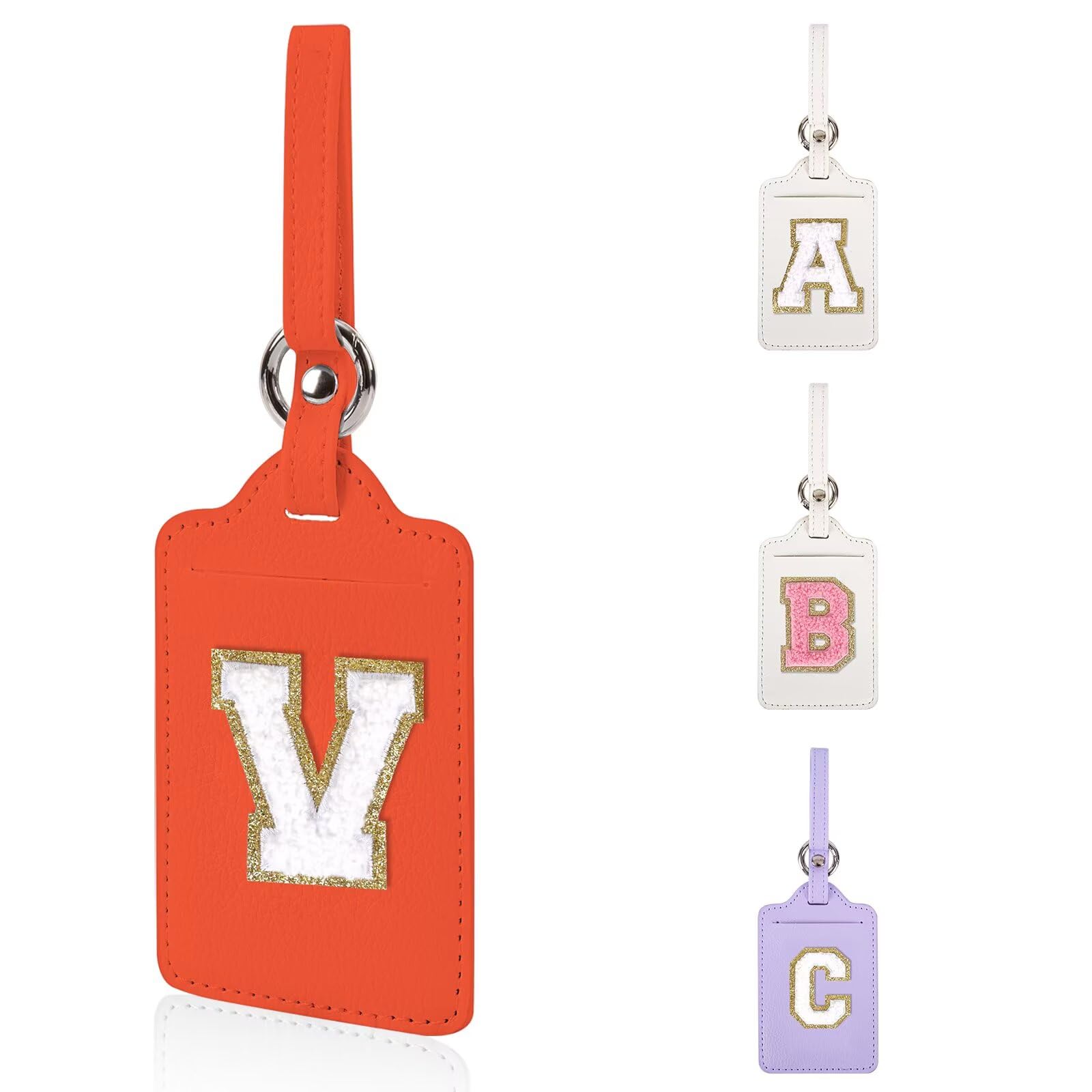Personalized Initial Luggage Tags for Suitcases, Leather Chenille Letter Cute Luggage Tags with Privacy Name Card, Embroidered Travel Bag Backpack Tags Gifts for Women Kids Girls Teens(Orange-V)