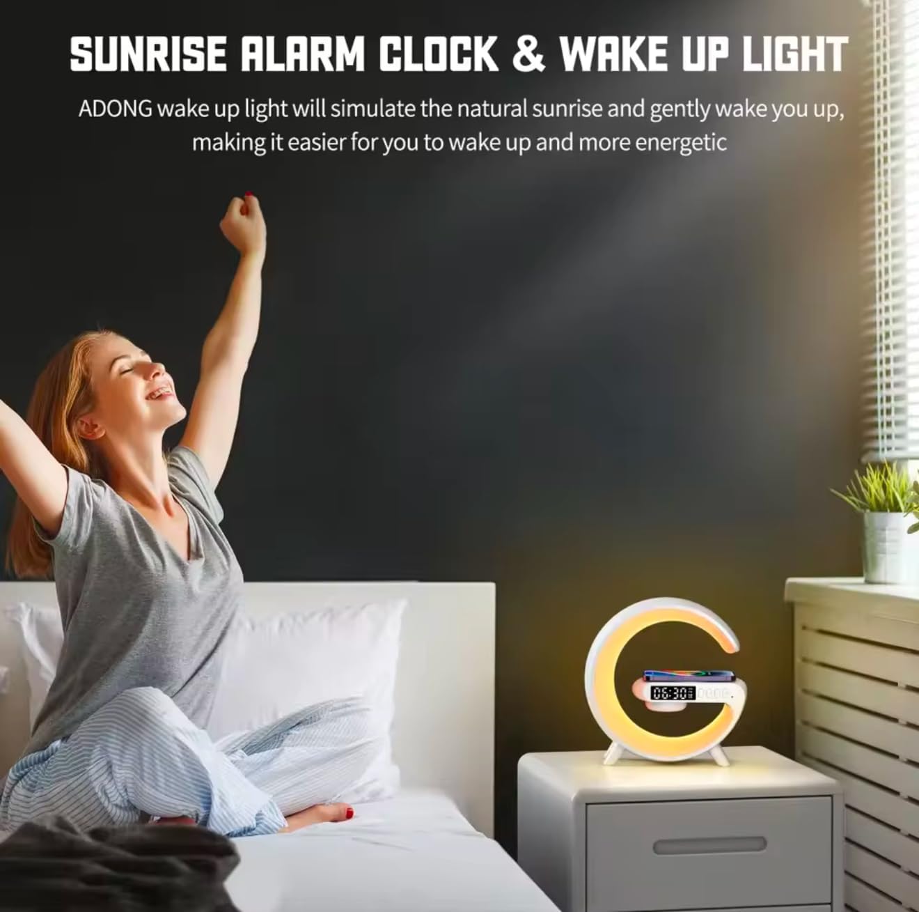 Person stretching and waking up in bed with the G-shaped lamp on a nightstand, simulating sunrise.