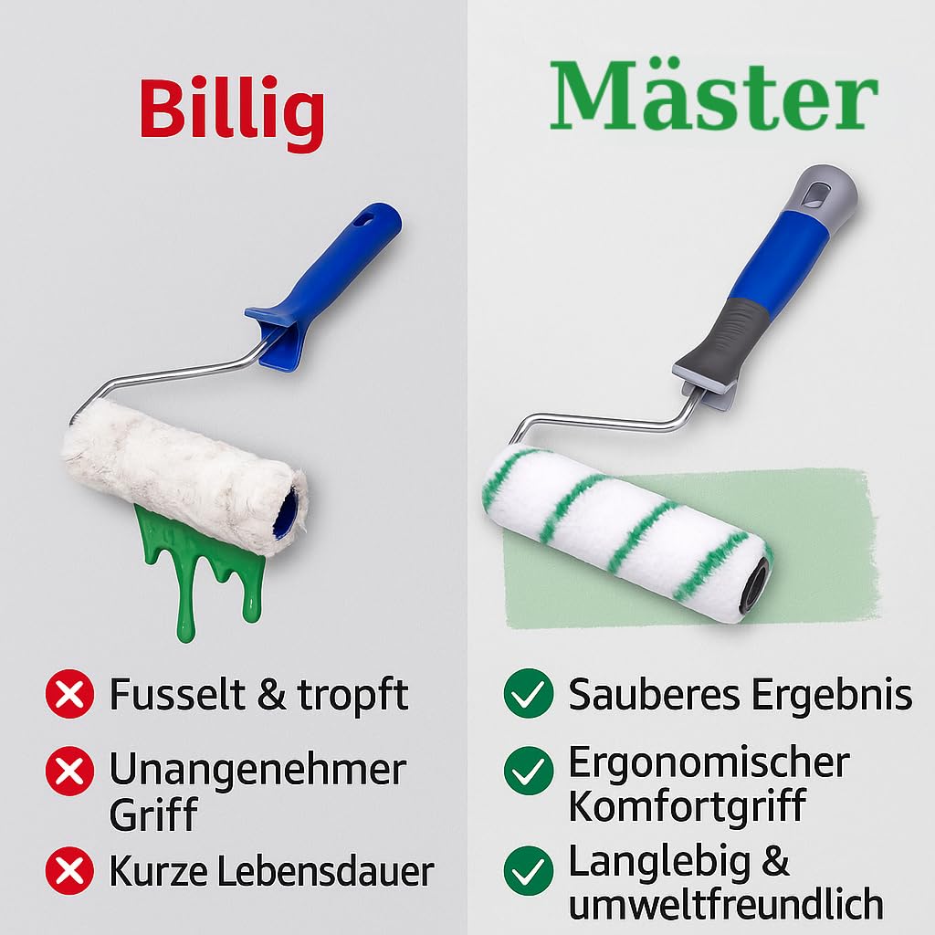 Mäster Malerpinselset für Fassade und alle Oberflächen – Serie Superior – Komplett-Set mit 100 mm Fassadenpinsel, 35 und 70 mm Winkelpinseln, 25 mm x 25 m UV-beständigem Klebeband und Rührstab