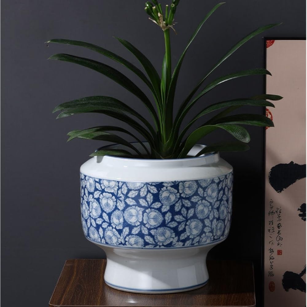 Średnica 20 cm niebieska i biała doniczka ceramiczna, duży wazon doniczka na rośliny wewnętrzna porcelanowa doniczka