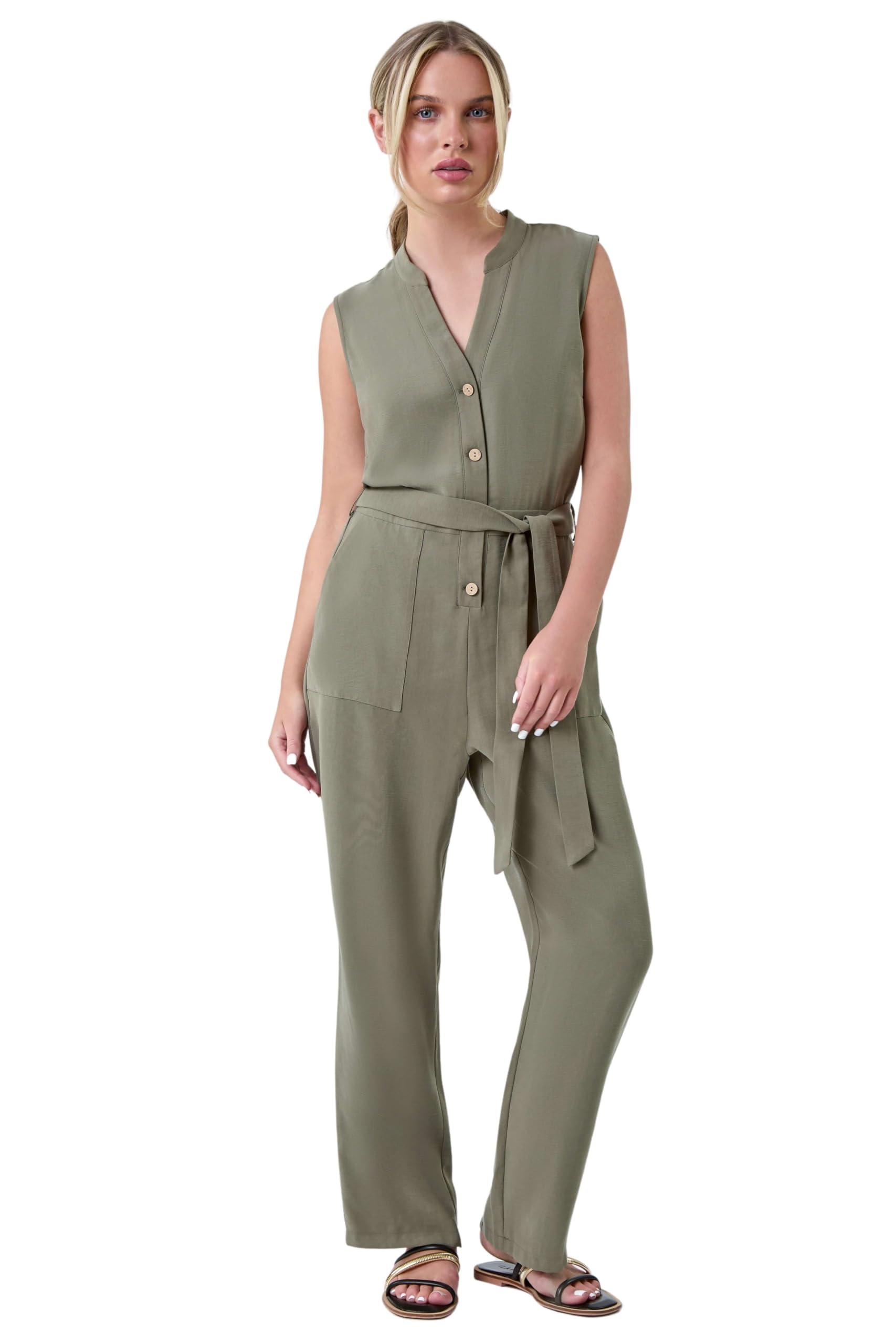 Roman Petite Women's Khaki Button Detail Pocket Jumpsuit Size 18