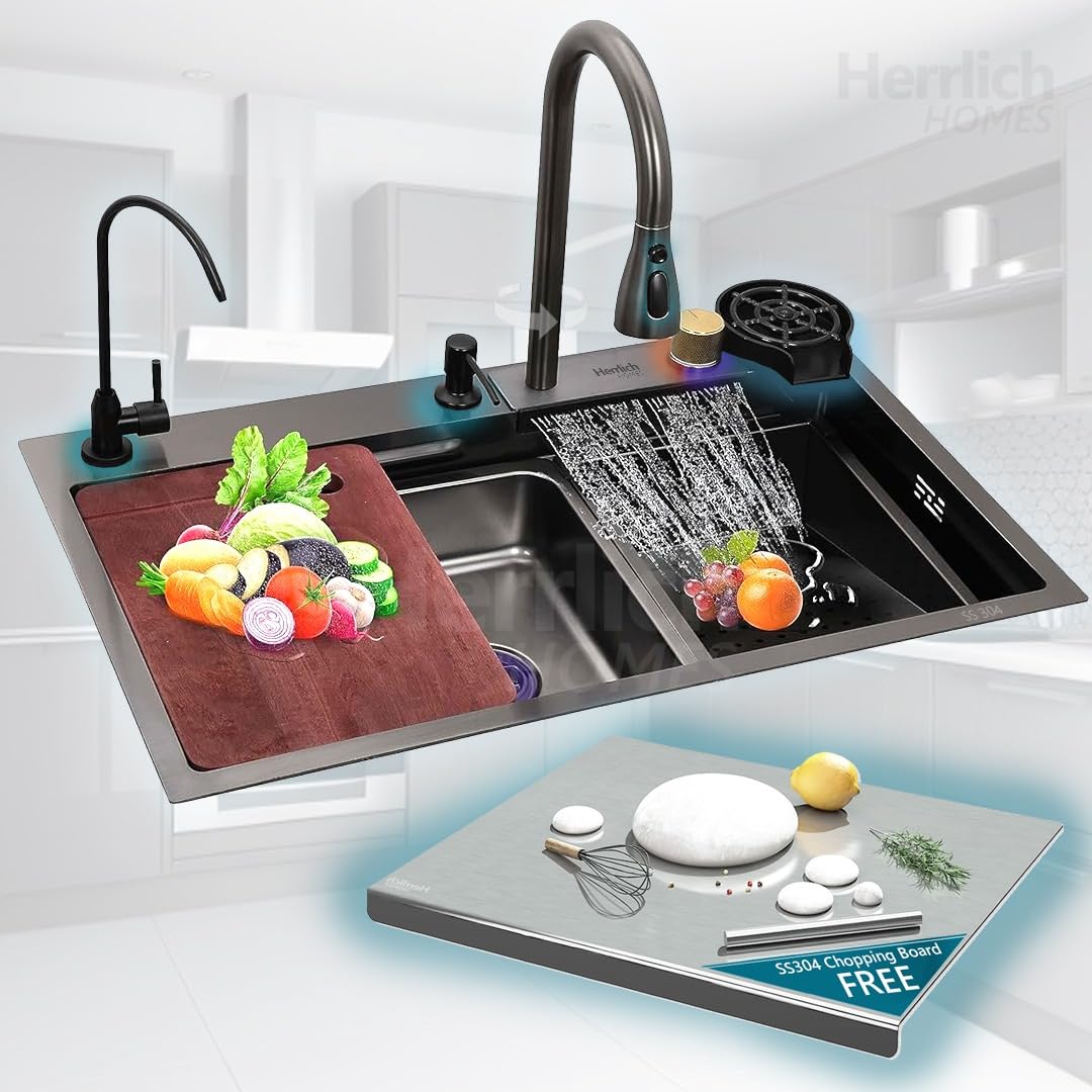 Herrlich Homes 30"x18" Multifunctional Kitchen Sink & Free Stainless Steel Counter Top | 304 Stainless steel integrated Waterfall, Cup Washer, RO tap, Soap Dispenser and Pull Down Faucet |Nano Coated (B0CVS9GRPL) Amazon Price History, Amazon Price Tracker