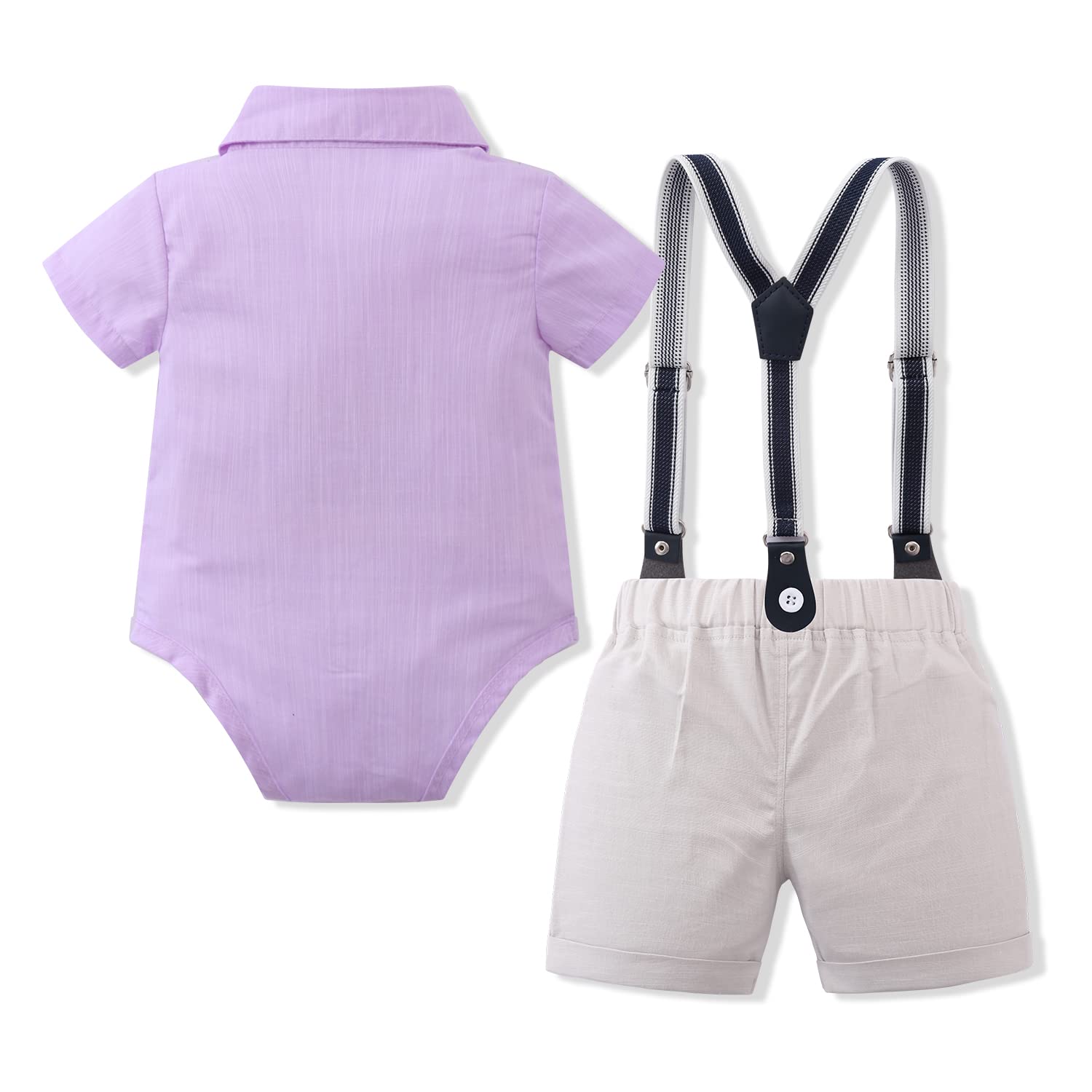 Baby Boy Suspender Clothes Set with Bow Tie Toddler Gentleman Suspenders Outfit Infant Formal Wedding Dress Suits Set Newborn Infant Summer Short Sleeve Outfits Formal Suits Purple+Beige 12-18 Months