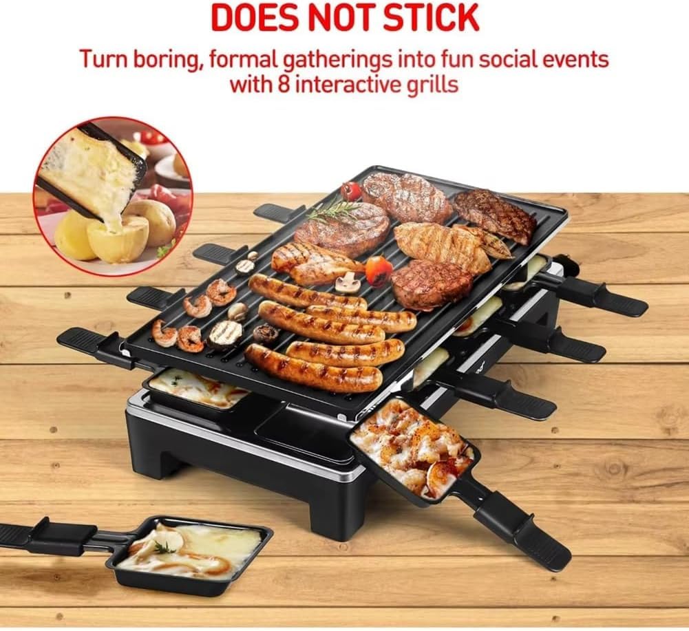 TYH Grill Électrique 1500 W, Appareil À Raclette pour 8 Personnes, Plaque De Cuisson Électrique Antiadhésive, Température Réglable, sans Fumée, avec 2 Spatules en Bois, pour Barbecue Familial