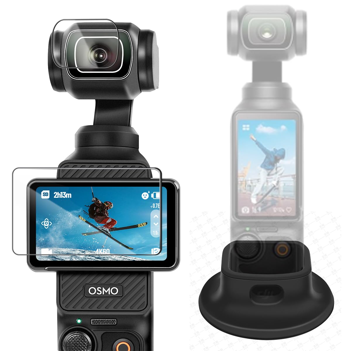PellKing Osmo Pocket 3 Support Base Holder with Charge Hole+Osmo Pocket 3 Tempered Glass LCD Display Film Lens Protector