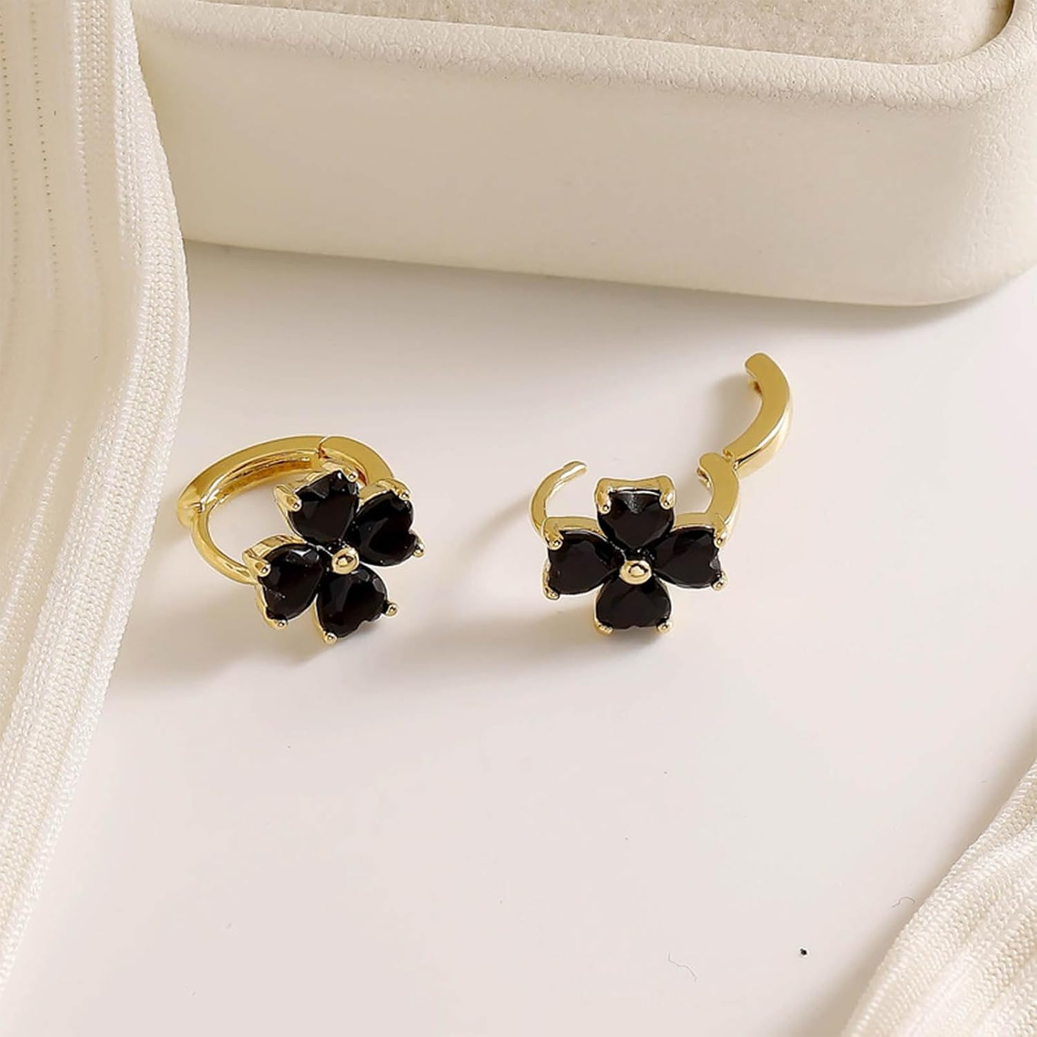 Vintage Crystal Flower Earrings Black Rhinestone Dangle Earrings Four Leaf Flower Stud Earrings Gold Crystal Drop Earrings Jewelry for Women and Teen Gifts - Image 5