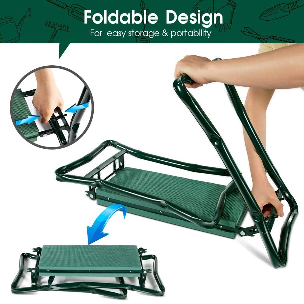 Sedile inginocchiatoio da giardino Panca da giardino 2 in 1, Sgabello per lavori di giardinaggio con cuscino in schiuma EVA, pieghevole, con borsa per attrezzi, sgabello da raccolto, verde