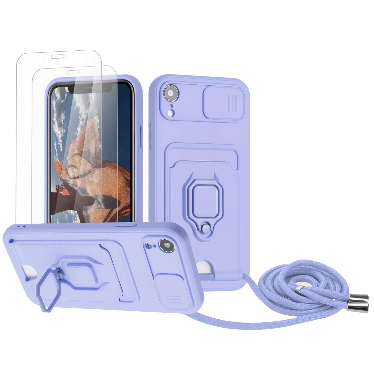 Zallagre Funda con Cuerda Compatible con Redmi Note 13 Pro 5G,[2 Packs Cristal Templado],Ranura para Tarjetas,Cubierta de Cámara Deslizante Proteger,360 Anillo Soporte-Morado — view 114