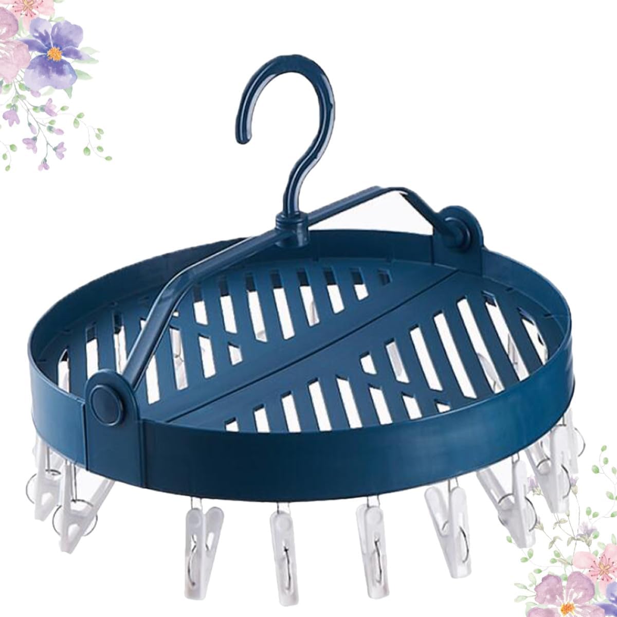 VICASKY Foldable Round Drying Rack with Clips, Multifunctional Socks and Underwear Hanger, Blue Plastic Clothes Pegs for Home Laundry Organization