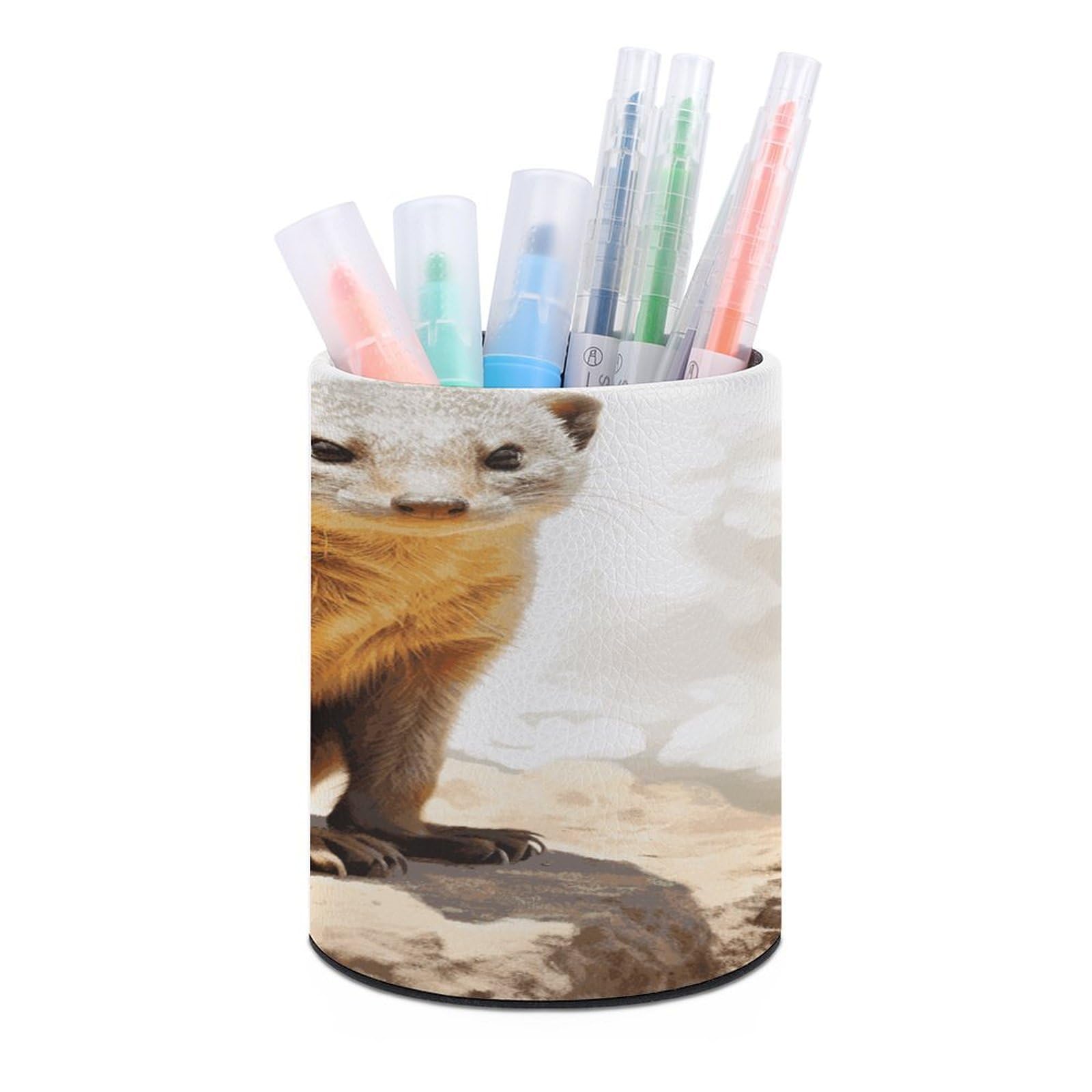FekiLoot Round Wild Meerkats Pen Holder for Desk PU Leather Waterproof Pencil Cup Stand Minimalist Makeup Brush Storage Organizer Desktop Stationery Container Accessorires