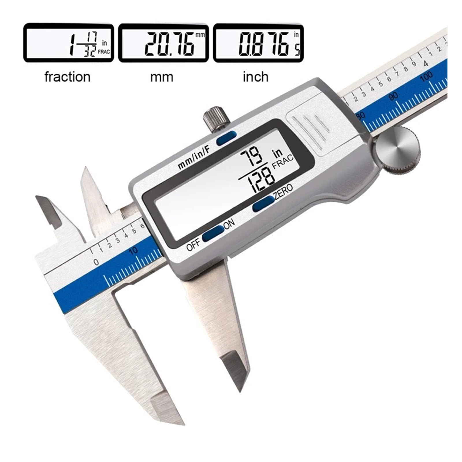 Calibrador digital de 150 mm y 6 pulgadas Calibrador de acero inoxidable Pantalla electrónica Vernier de fracción/mm/pulgadas