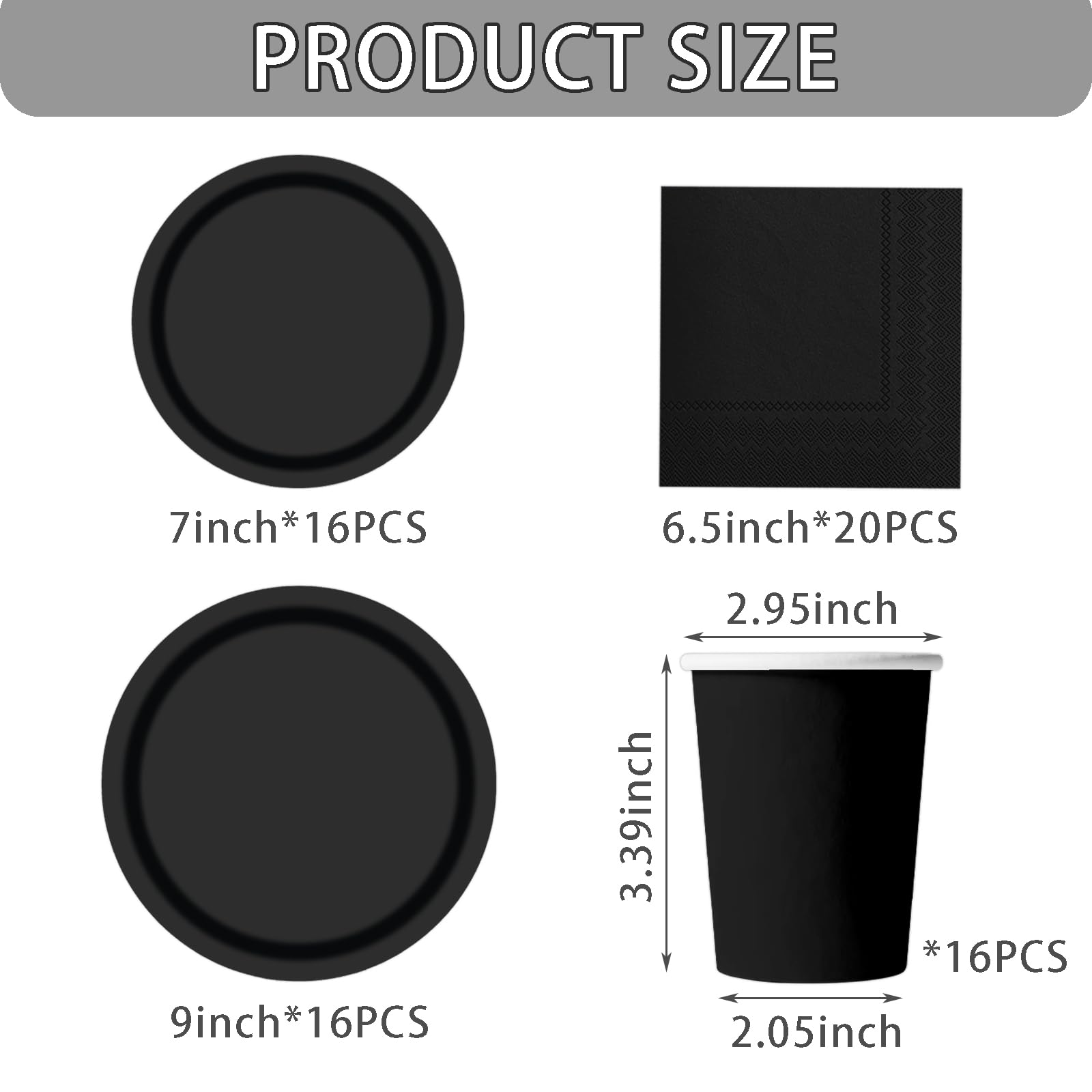 68-teiliges Schwarz Pappgeschirr Set, Schwarz Pappteller Pappbecher Servietten, Deko Partygeschirr für Geburtstag, Halloween, Silvester, Abschlussfeier, Party Supplies