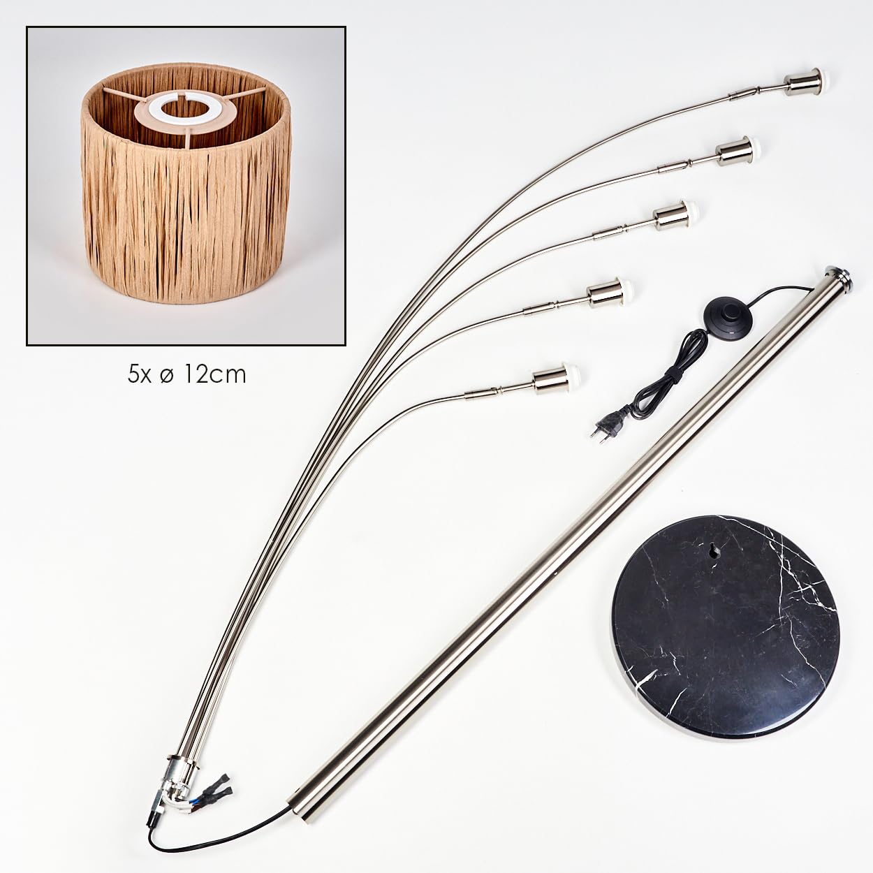 HOFSTEIN Stehleuchte Granja, moderne Stehlampe mit Marmorfuß aus Metall/Bast in Schwarz/Nickel-matt/Naturfarben, verstellbare Leuchte mit Fußschalter, E14, Wohnzimmer, Schlafzimmer, Flur