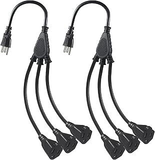 3-Outlet Splitter Extension Cord - 3 Prong 1 to 3 Way Power Splitter Extension Cable, 1FT 16AWG 13A/1625W, NEMA 5-15P to 3*NEMA 5-15R Y Style Extension Cord (Black 2-Pack)