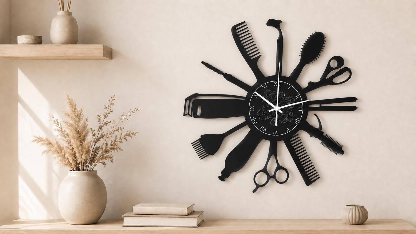 Reloj de Pared | Peluquería | Barbería | Motivos de Barber Shop (Negro B5)