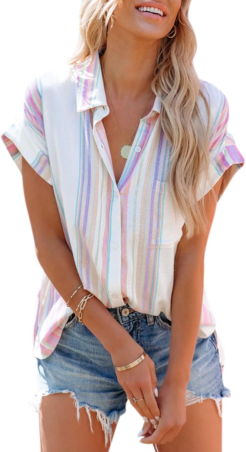 Womens Button Down Shirts Short Sleeve Summer Linen V Neck Collared Stripes Casual Blouses Tops with Pocket Womens Button Down Shirts Short Sleeve Summer Linen V Neck Collared Stripes Casual Blouses Tops with Pocket