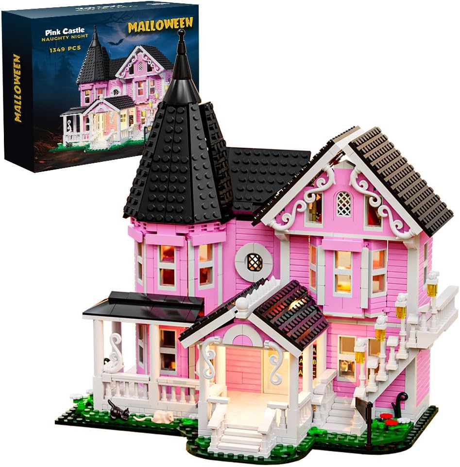 1349PCS Pink Palace House Building Set, Halloween Haunted House Blocks Toy, with Lights Christmas for Teens Girls 12+ ，Halloween House Kit for Kids Adults
