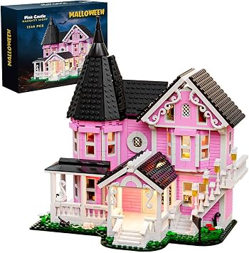 1349PCS Pink Palace House Building Set, Halloween Haunted House Blocks Toy, with Lights Christmas for Teens Girls 12+ ,Halloween House Kit for Kids Adults