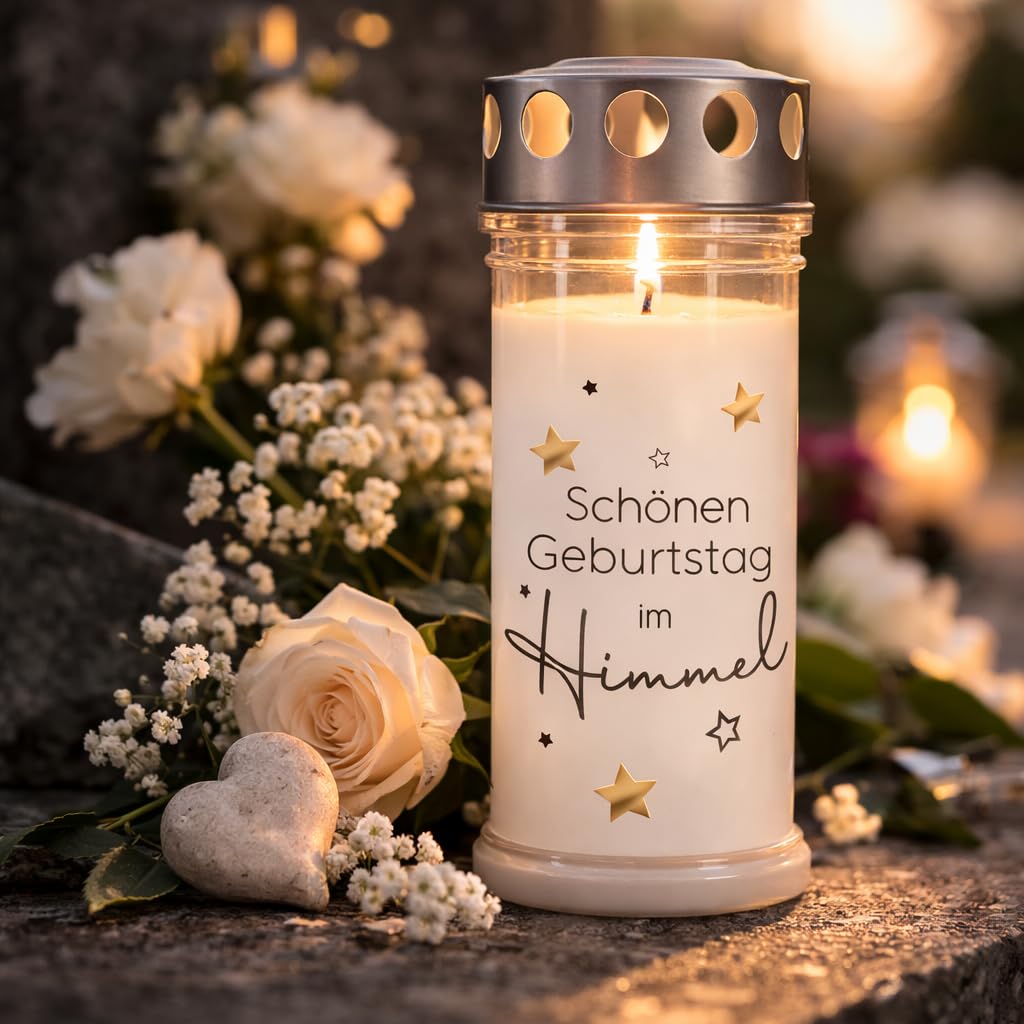 Grablicht 'Schönen Geburtstag im Himmel' | 7-Tagebrenner | Grabdekoration für eine Gedenkstätte | Trauerkerze | UV-Beständig | 21cm
