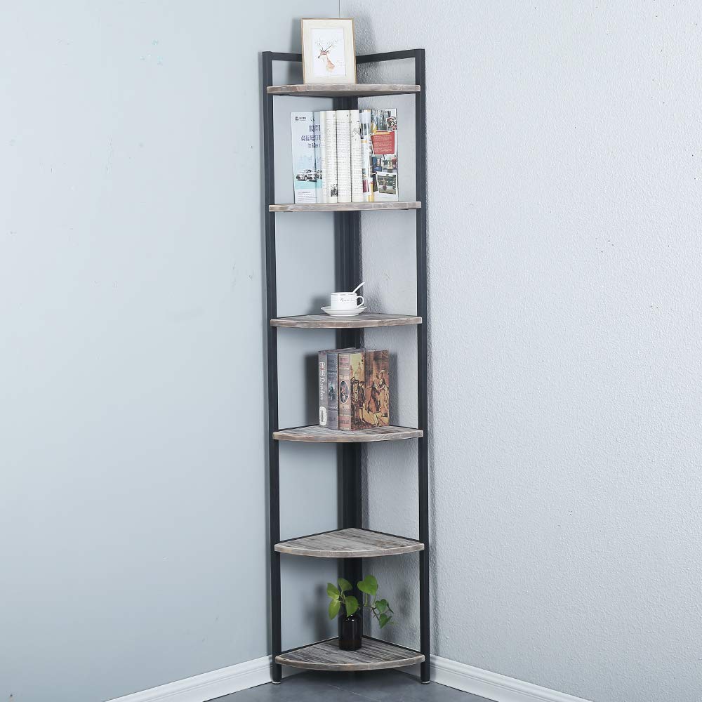Industrial Wood Corner Shelf 6 Tier,Corner Bookcases and Book Shelves 6
