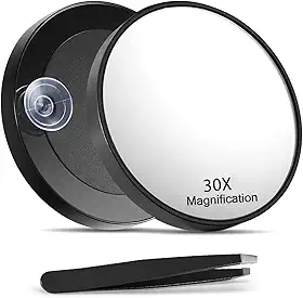 Espelho de aumento 30X, duas ventosas e pinças, espelhos de maquiagem ampliados para viagem de 8,5 cm, pinças para cabelo facial feminino, preto