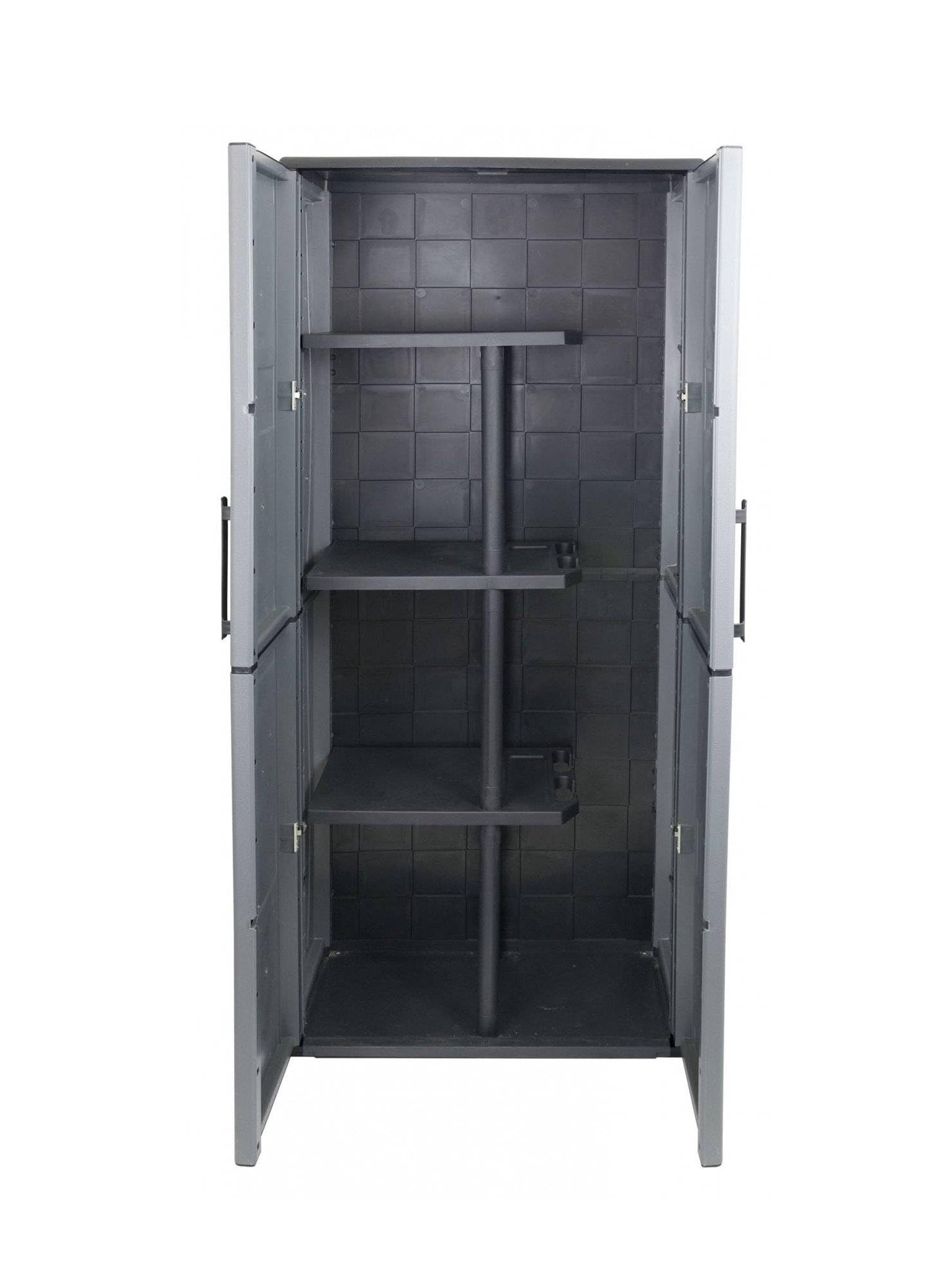 Dmora - Armoire d'extérieur Geel, Armoire porte-balai polyvalente, Armoire d'extérieur 2 portes, 100% Made in Italy, Finition damier, 68x37h163 cm, Gris et Noir