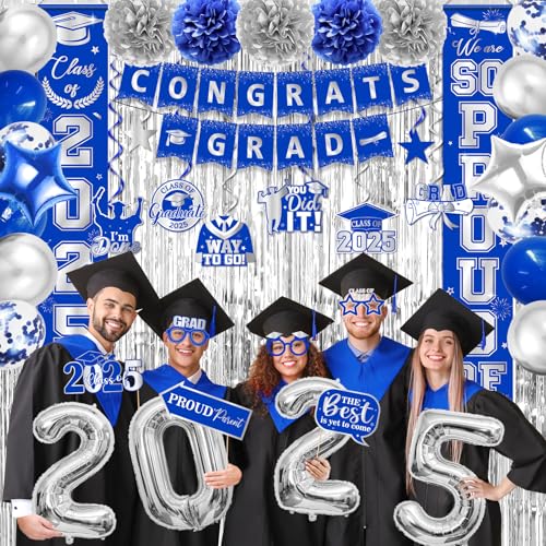 Image of Silver and Blue Graduation Decorations, Congrats Grad Banner, Photo Props, Balloons, Fringe Curtains, Class of 2025
