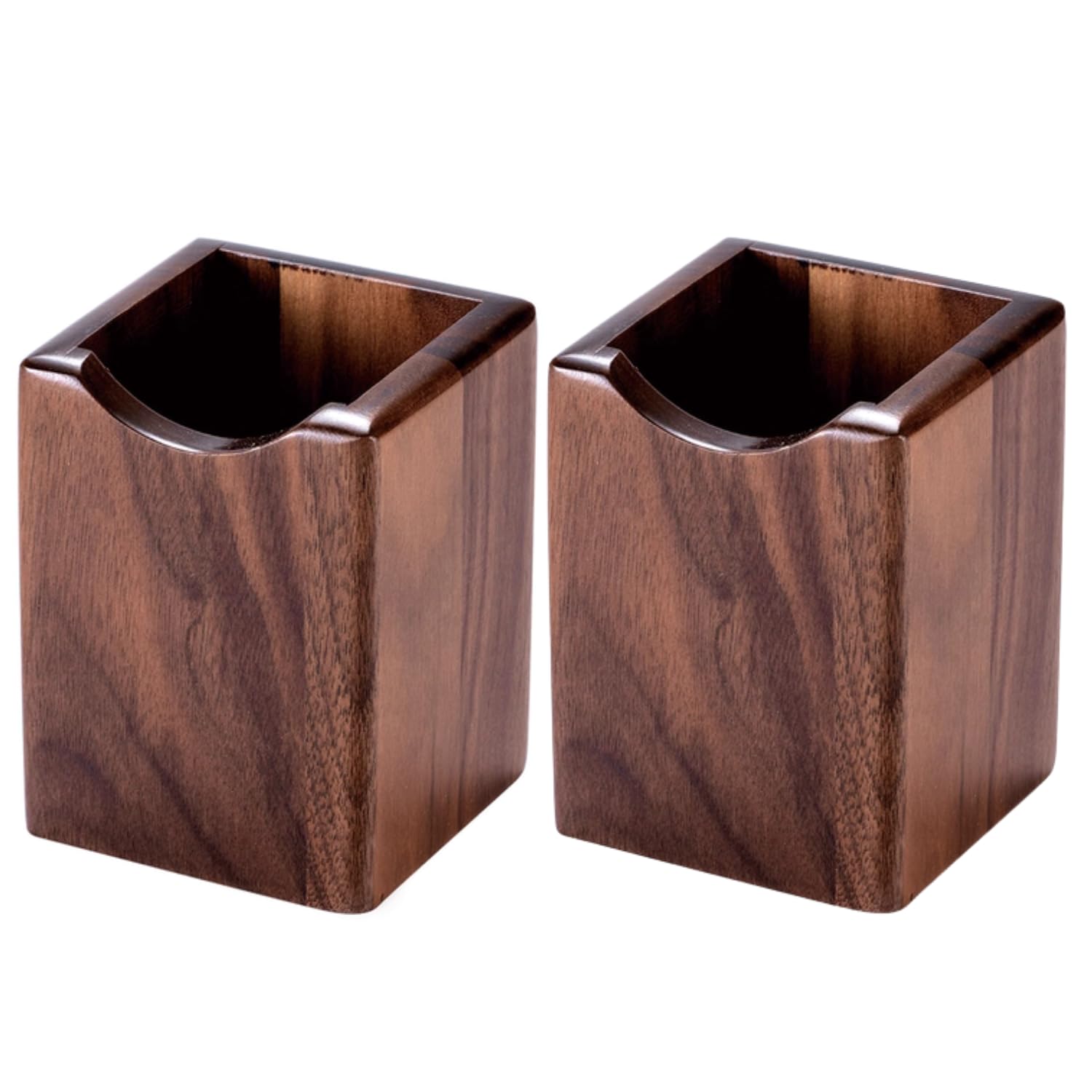 Wooden Pen Holder for Desk, 2 Pack — Natural Wood Pencil Pot & Makeup Brush Holder, Handcrafted Beech or Walnut Desk Organiser, Multi-Purpose Stationery Cup for Office, Home, Vanity (2 Walnut)