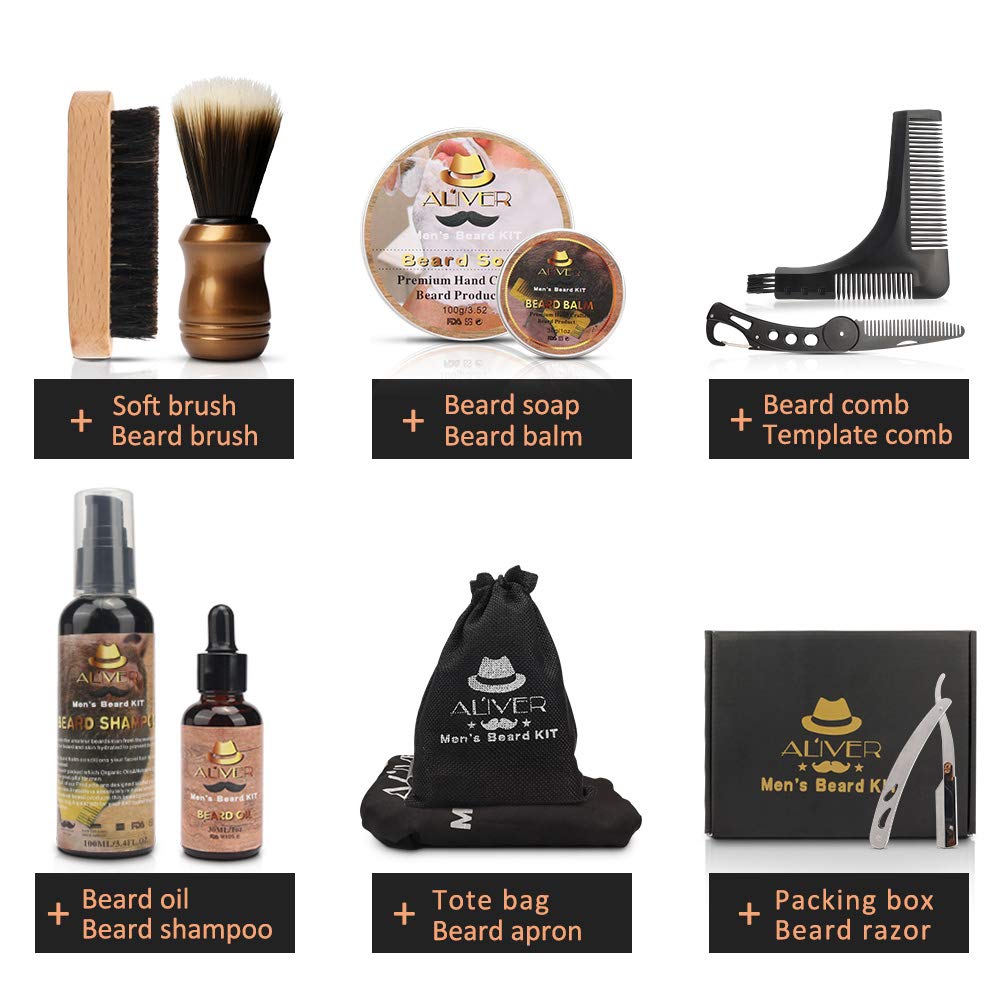 Kit Barba para Hombre, Juego de barba Hombre, con Champú de barba, Aceite para barba,Bálsamo,Peine barba, Cepillo, tijeras, set de cuidado para la barba, set de regalo para hombre