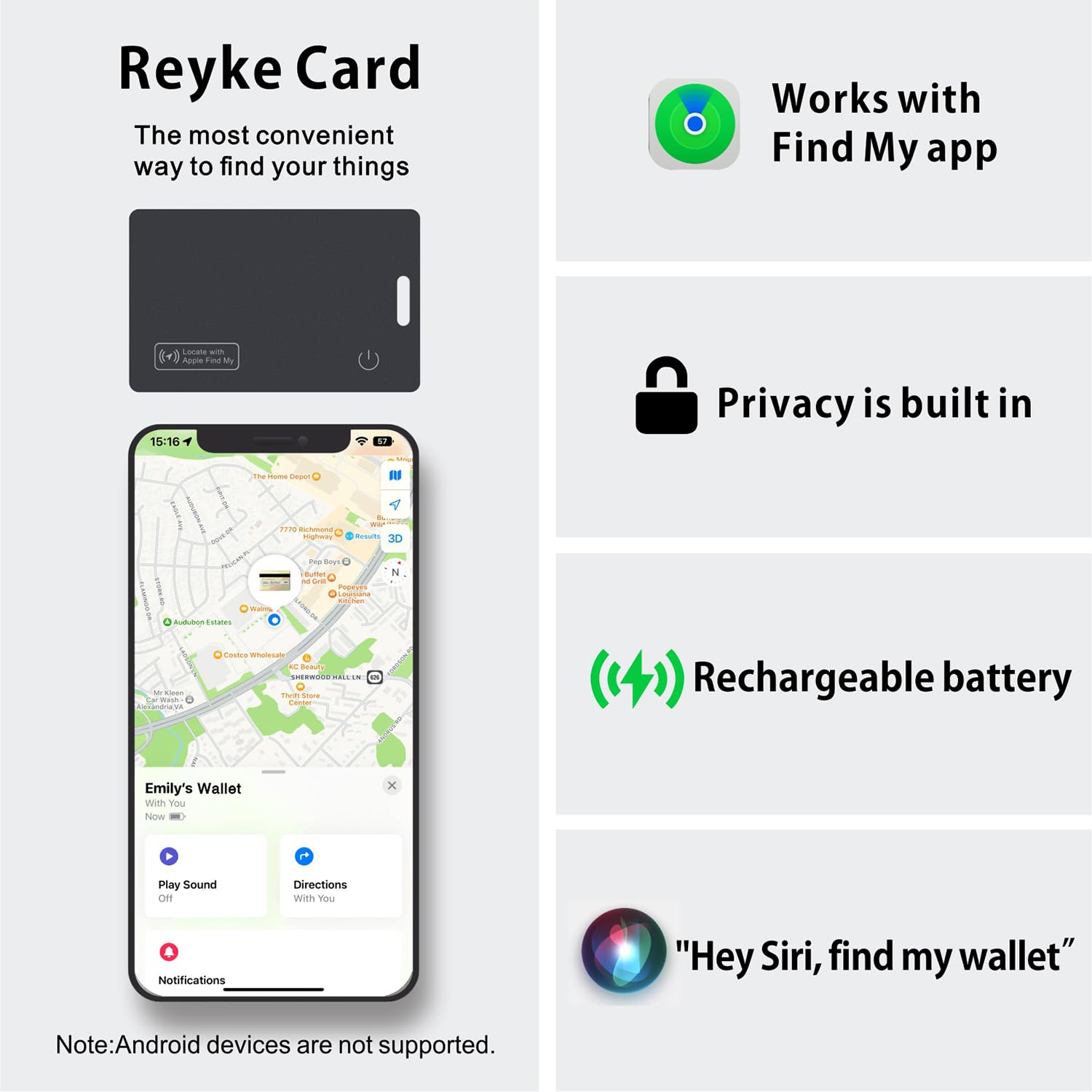 Reyke Slim Wallet Tracker Card, Ładowalny Lokalizator Bluetooth Kompatybilny z Apple Find My (tylko iOS), Smukła Karta Lokalizacyjna do Portfeli, Bagażu, Telefonów, Paszportów