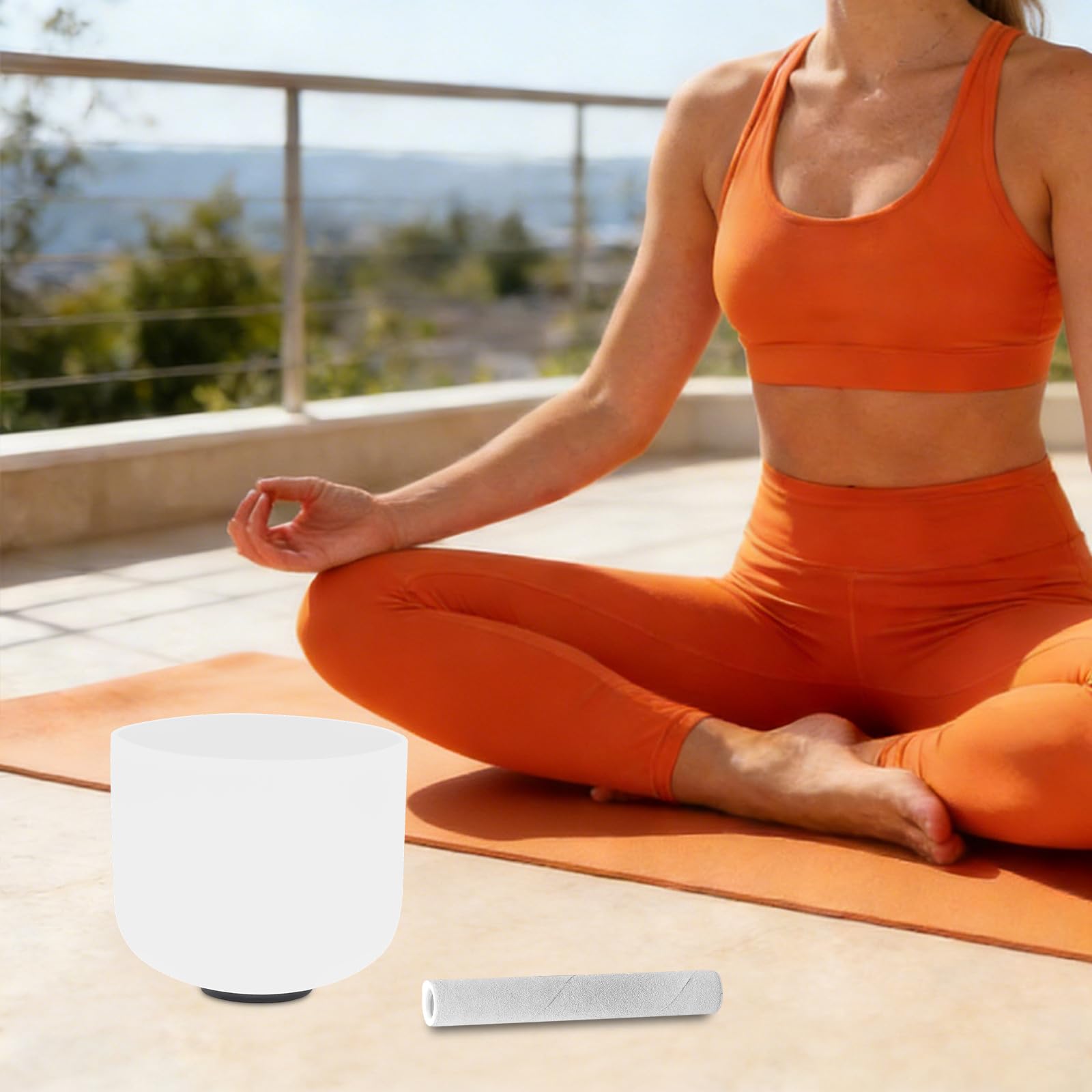 Campana tibetana in cristallo, 8 pollici, 432-440 Hz, per la meditazione, per la terapia del suono e lo yoga, con bacchetta e anello, colore bianco