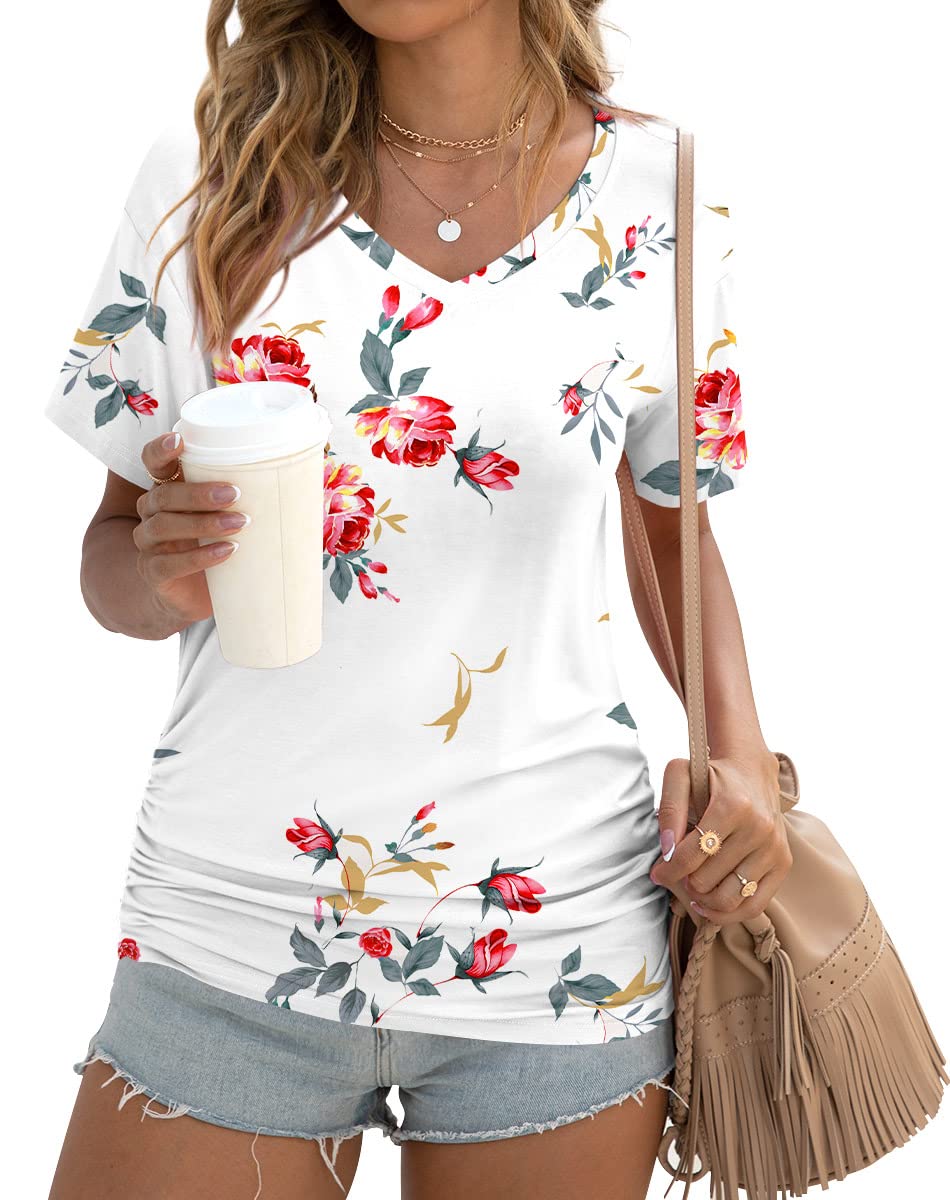 Anydoll Womens Ruched Tops 2025 Spring Summer Tunics Short Sleeve V Neck T Shirts Casual Dressy Tee with Side Shirring ﻿